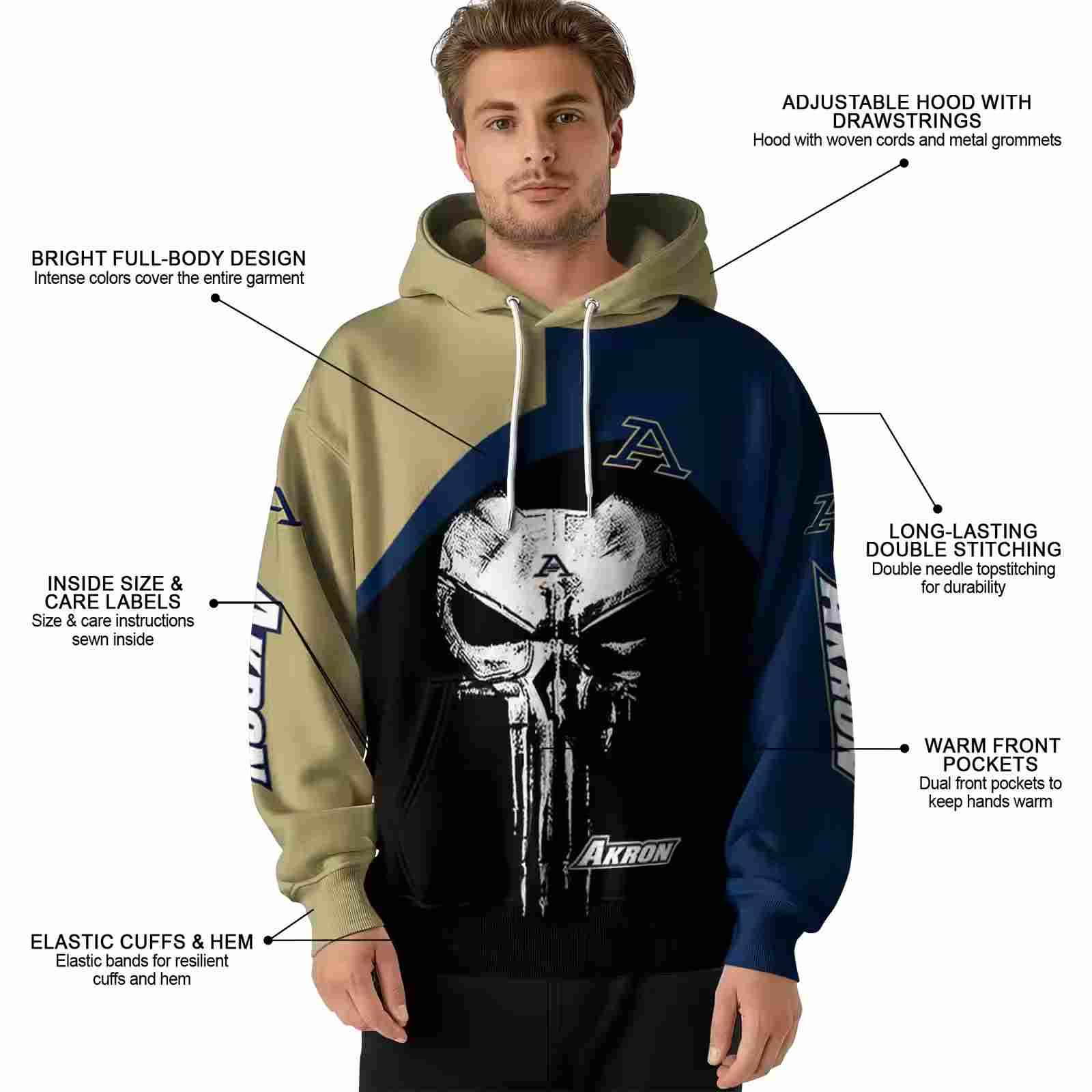 akron zips skull punisher gold black hoodie latest model