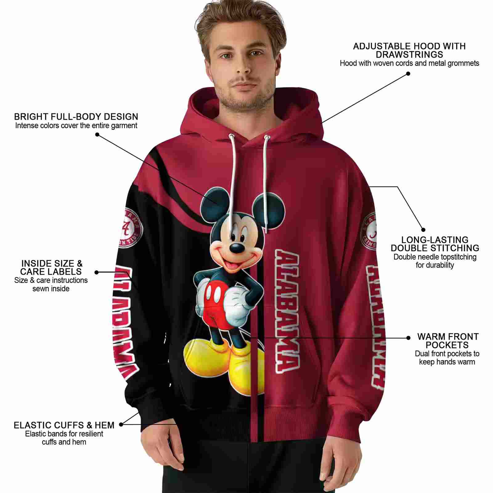 alabama crimson tide mickey mouse crimson black hoodie latest model