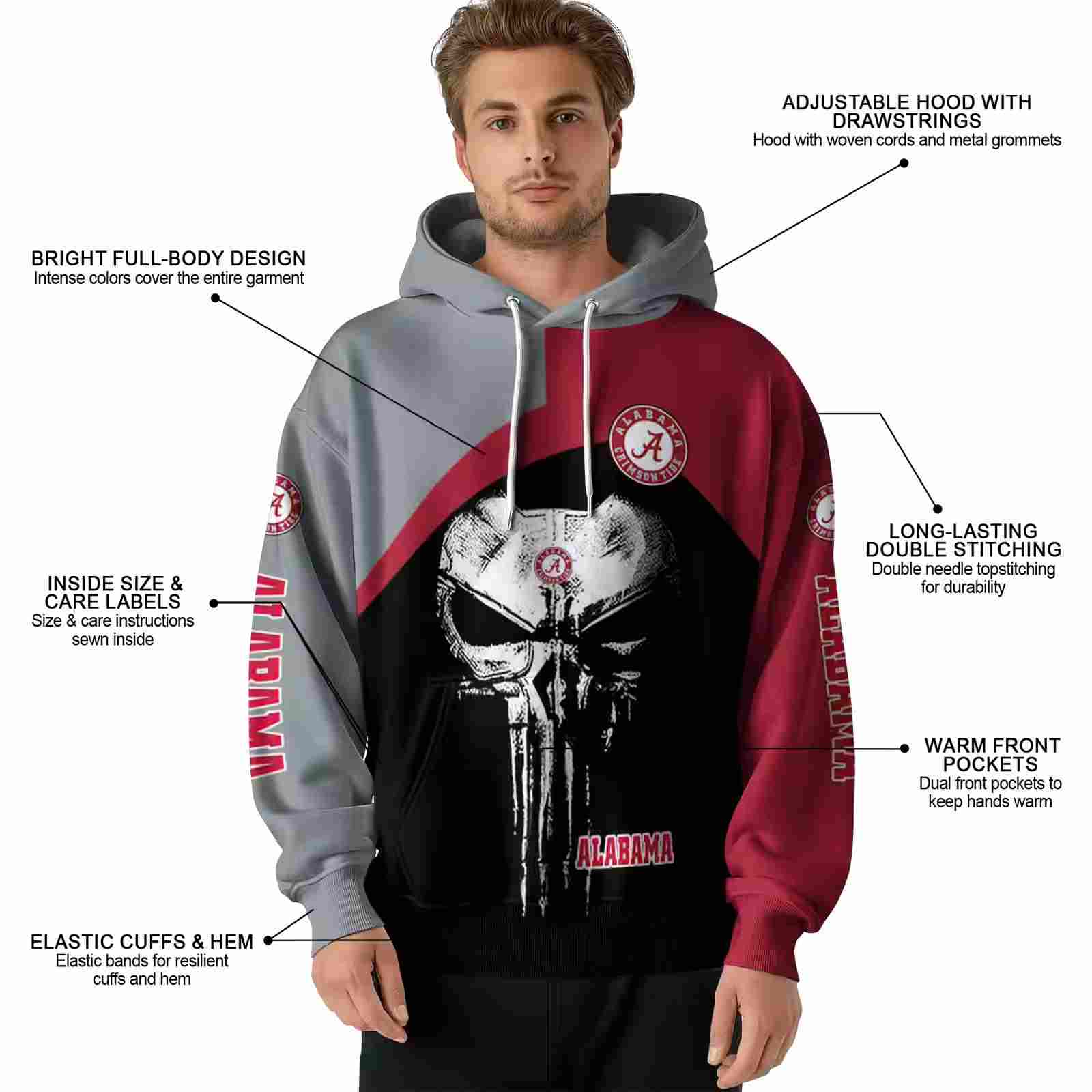 alabama crimson tide skull punisher gray black hoodie latest model