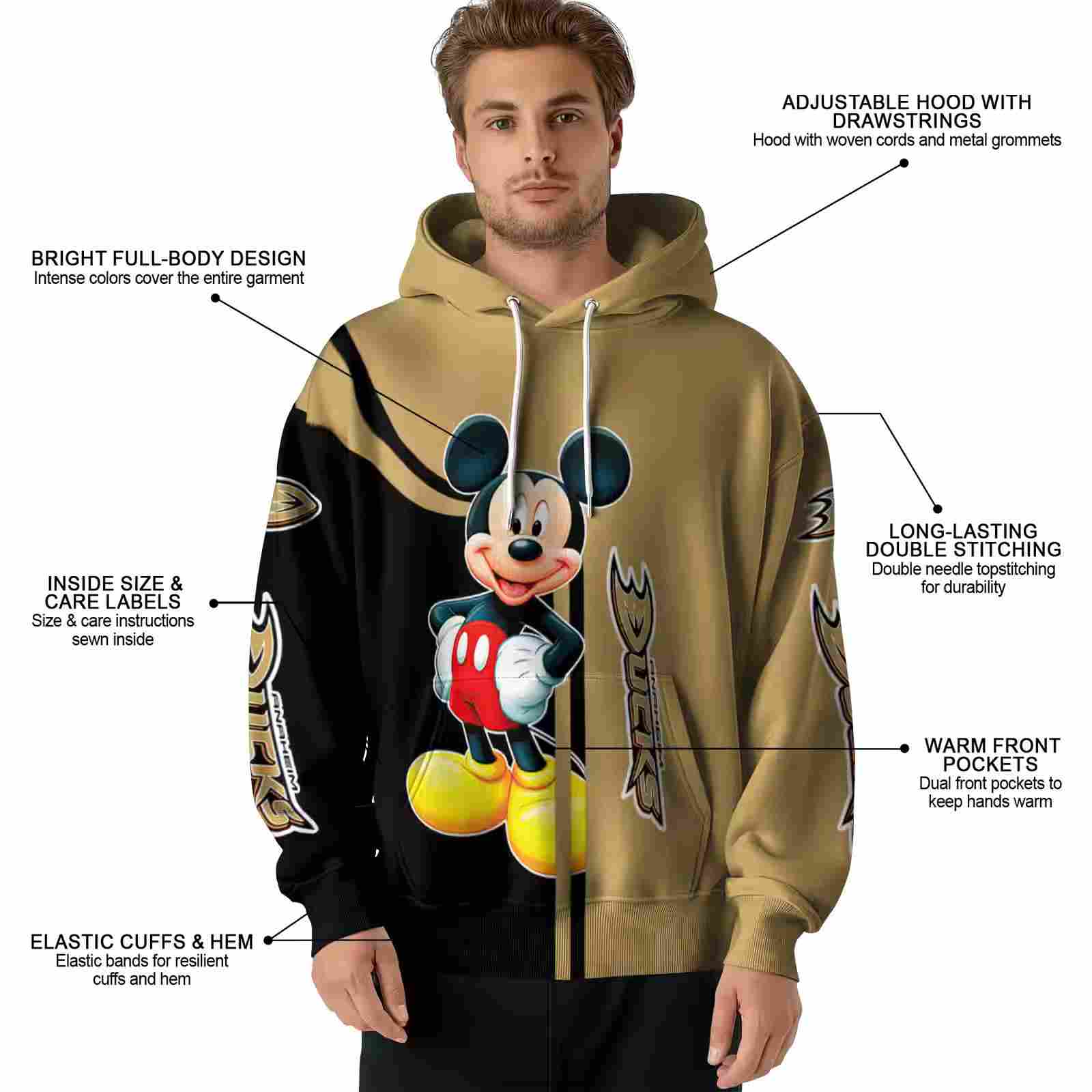 anaheim ducks mickey mouse gold black hoodie latest model