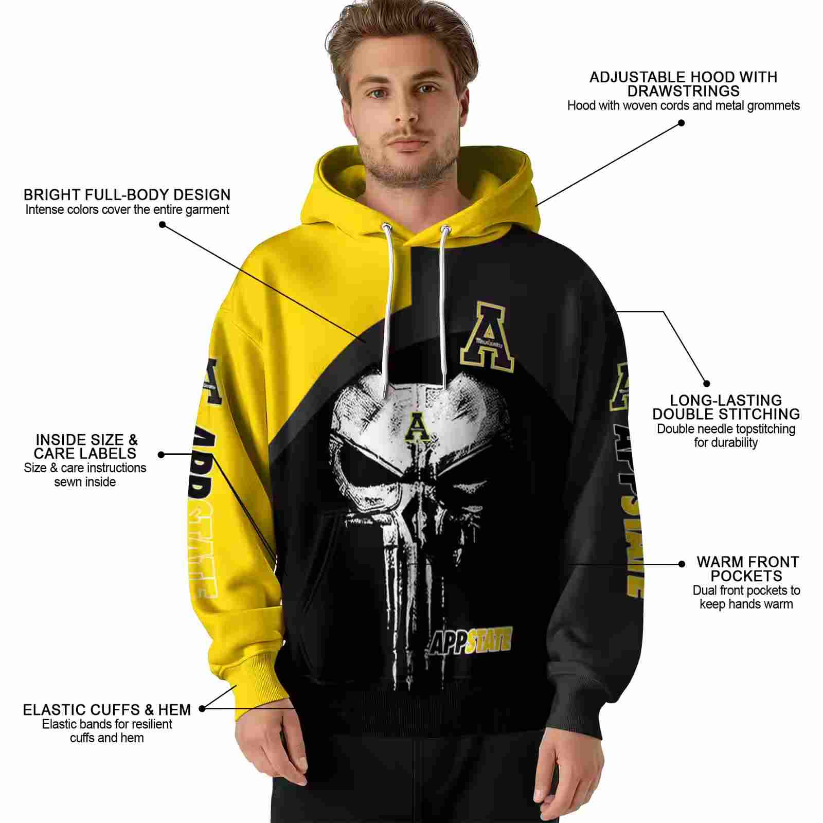 appalachian state mountaineers skull punisher gold black hoodie latest model
