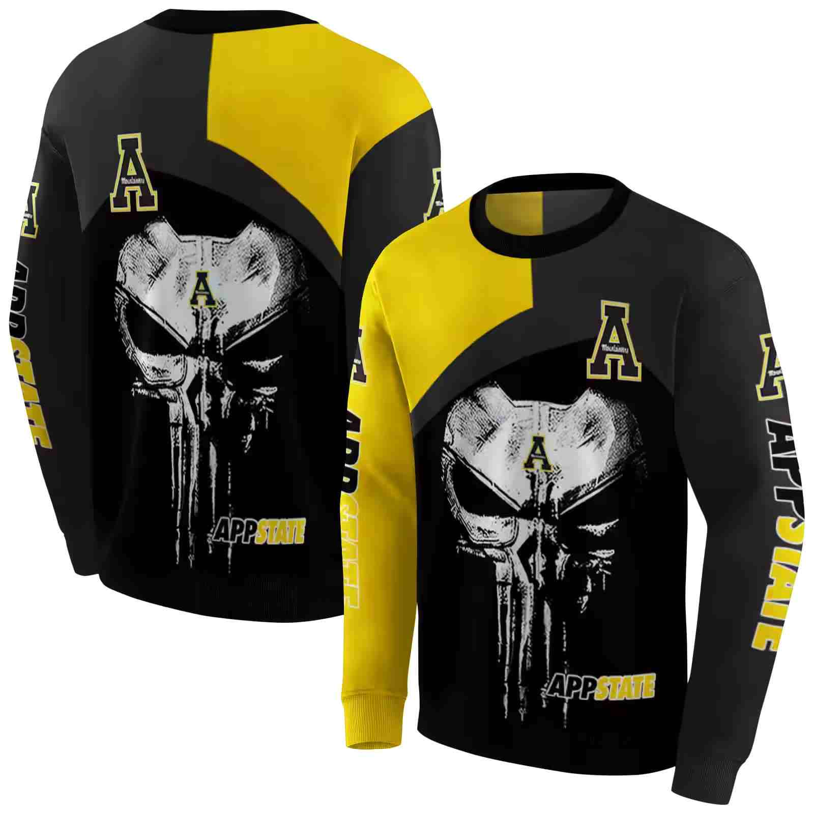 appalachian state mountaineers skull punisher gold black hoodie premium grade