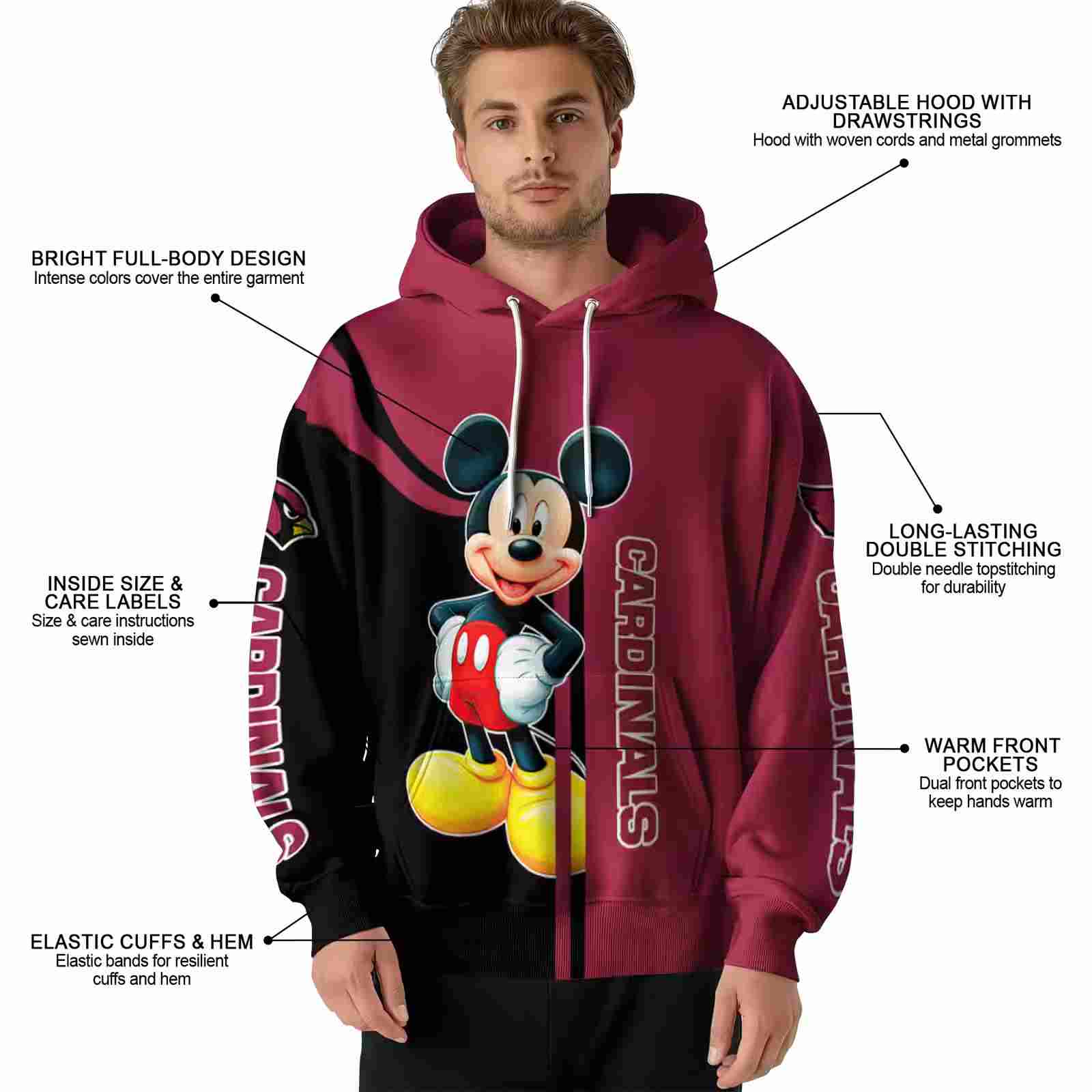 arizona cardinals mickey mouse red black hoodie latest model