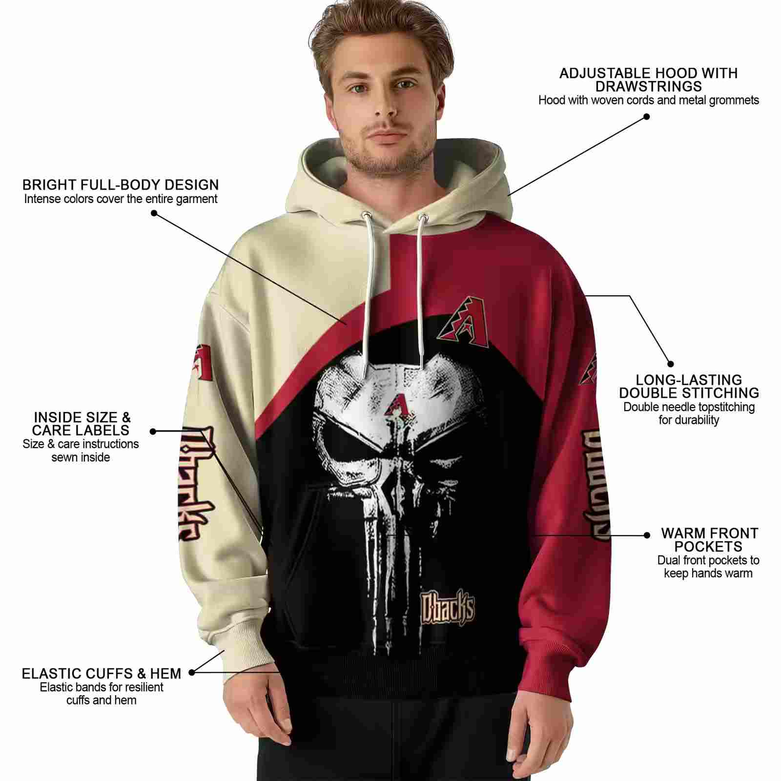 arizona diamondbacks skull punisher sand black hoodie latest model