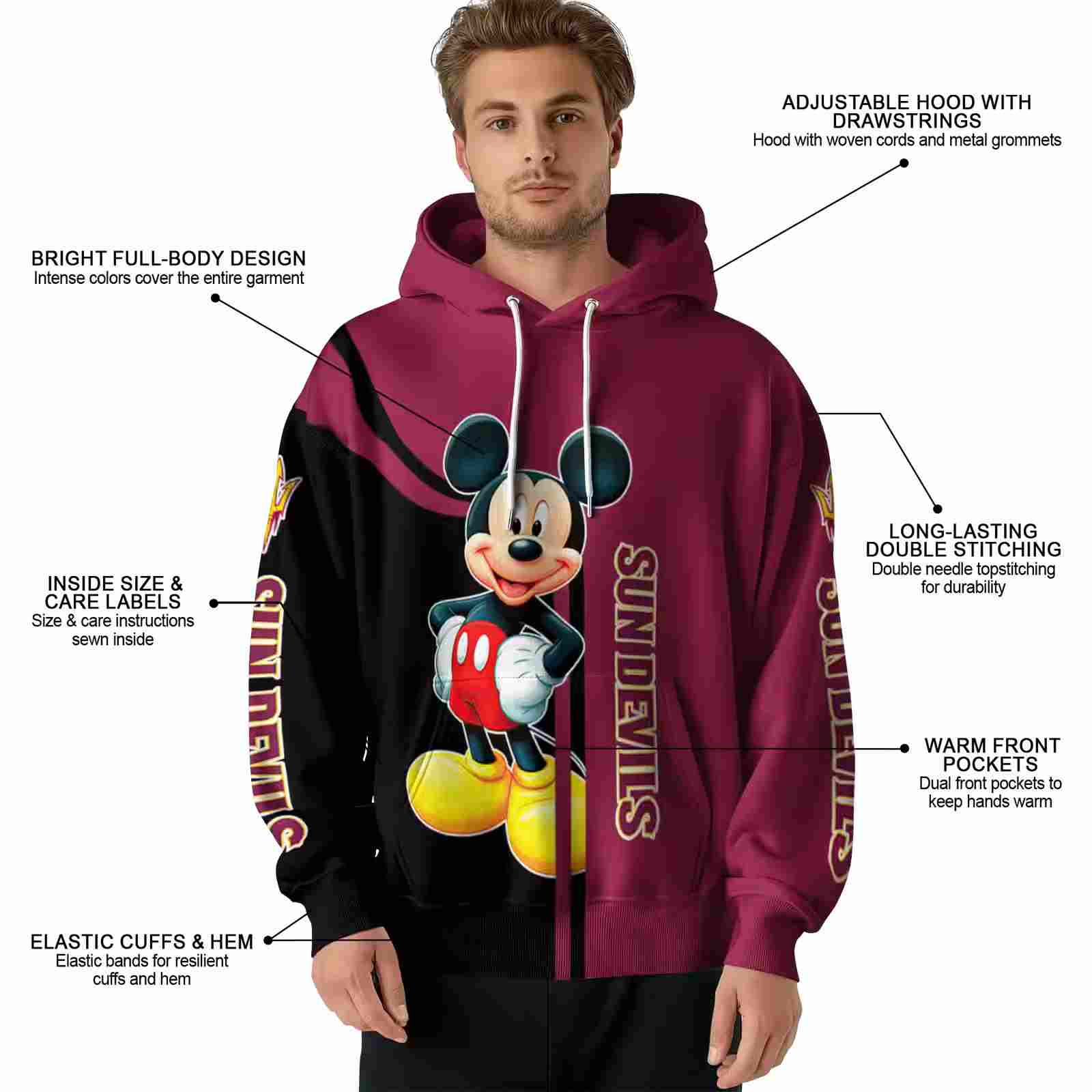 arizona state sun devils mickey mouse maroon black hoodie latest model