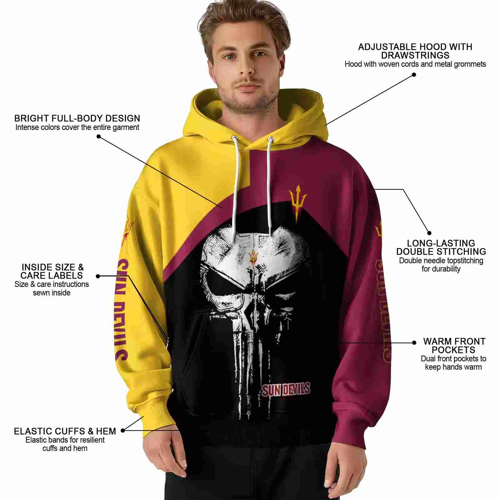 arizona state sun devils skull punisher gold black hoodie latest model