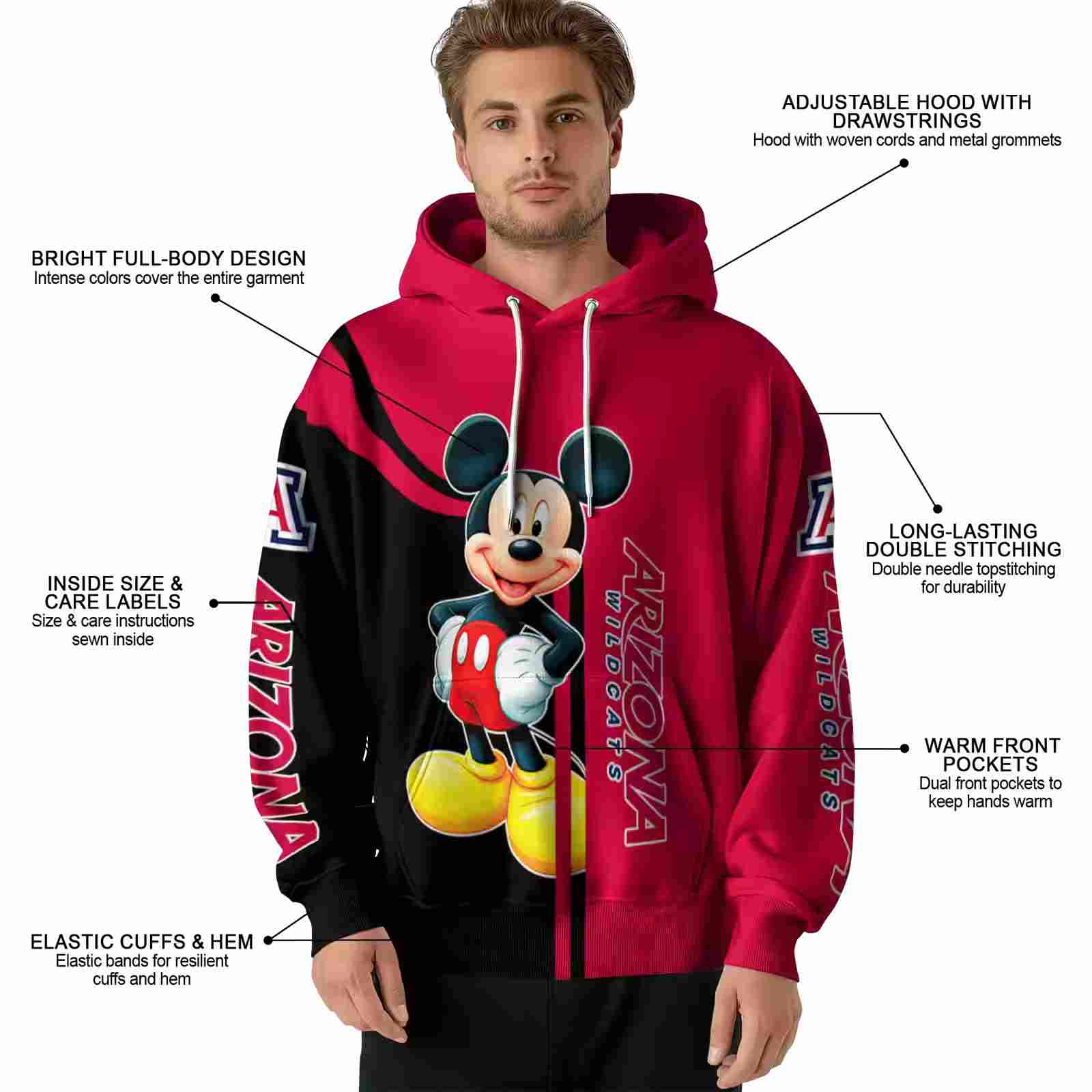 arizona wildcats mickey mouse red black hoodie latest model