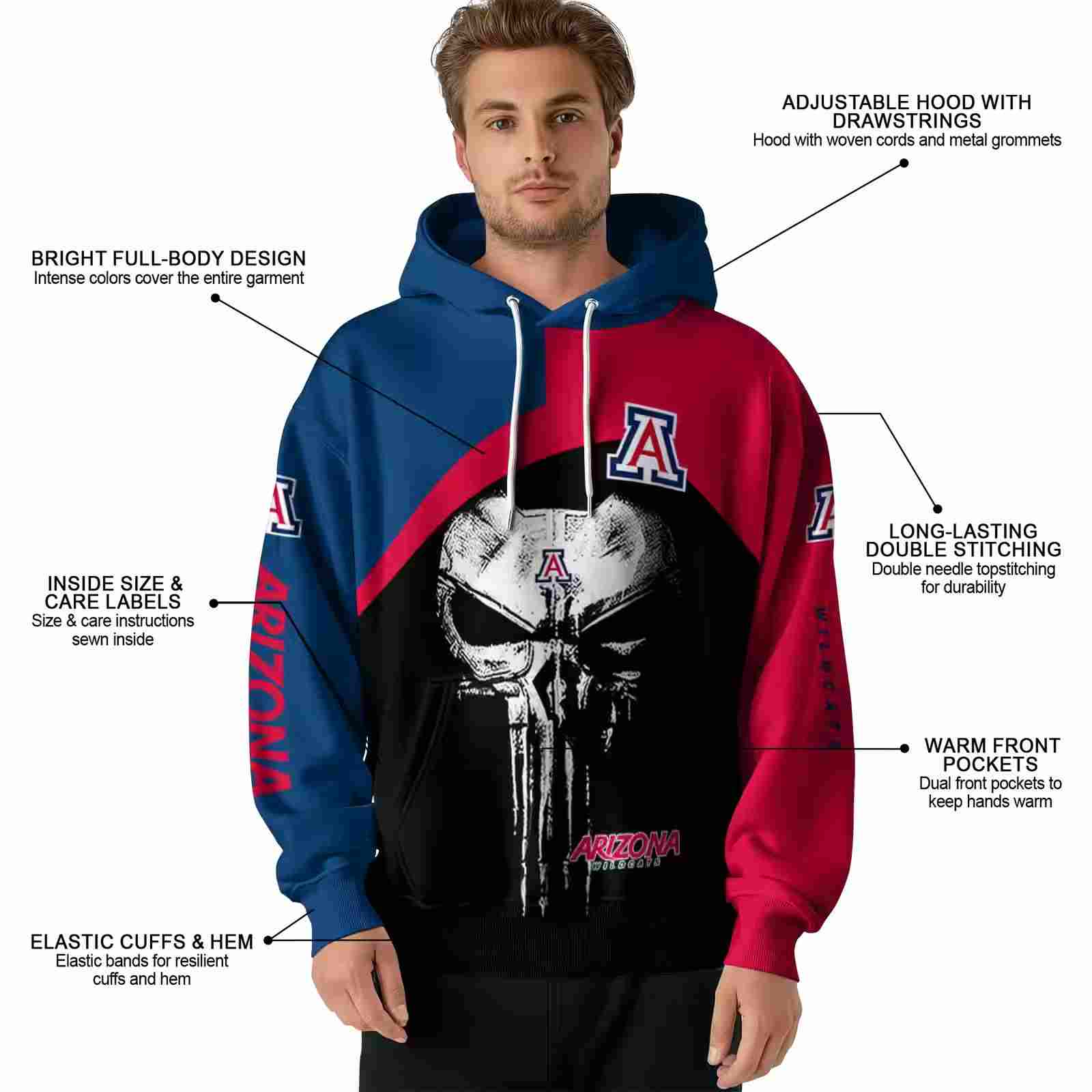 arizona wildcats skull punisher navy black hoodie latest model