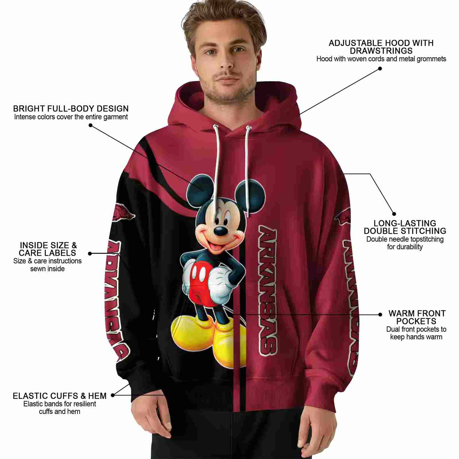 arkansas razorbacks mickey mouse red black hoodie latest model