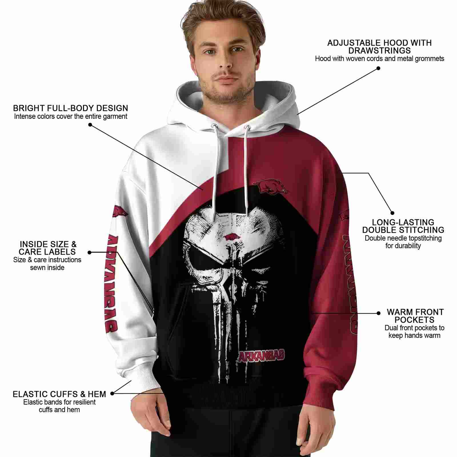 arkansas razorbacks skull punisher white black hoodie latest model