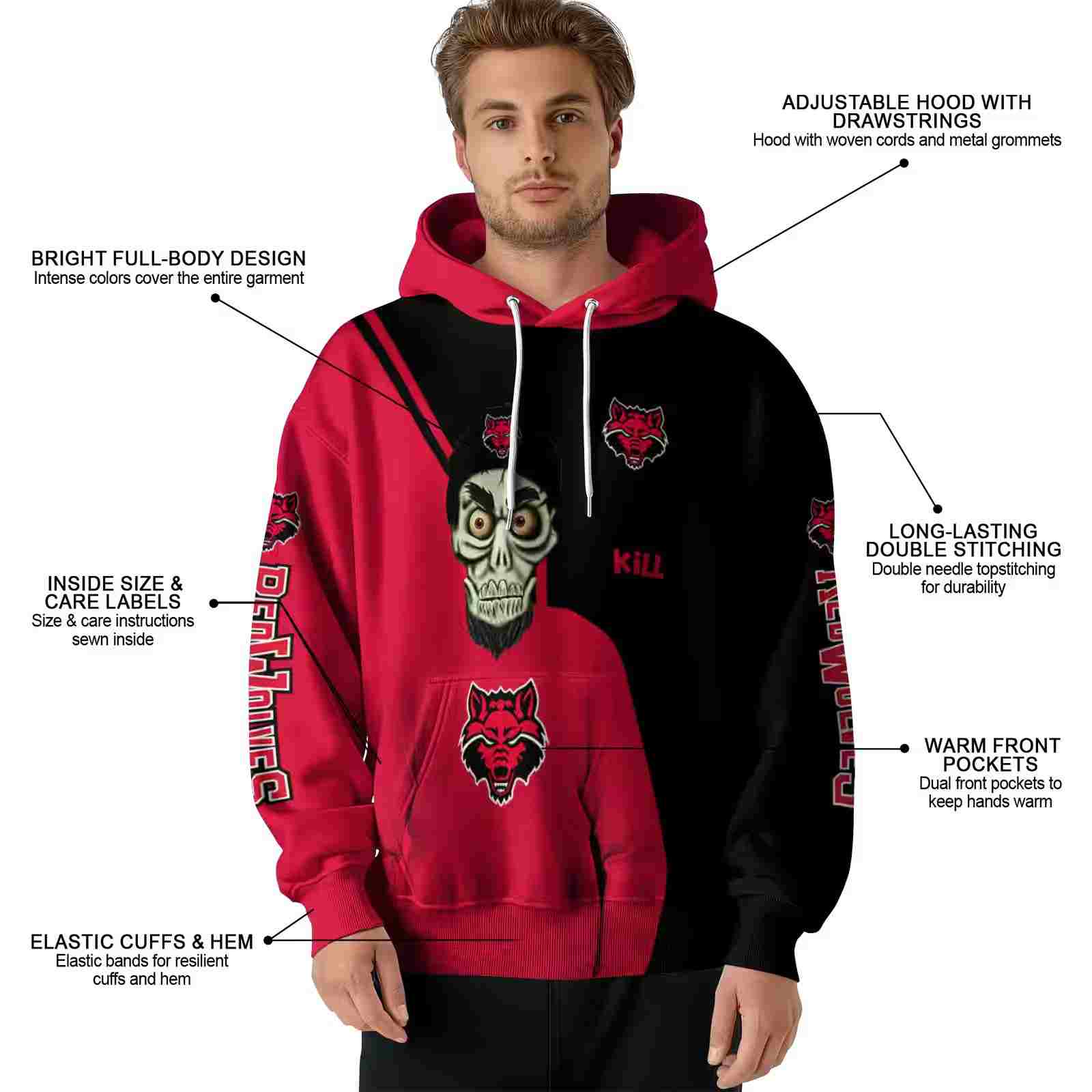 arkansas state red wolves achmed skull scarlet hoodie latest model