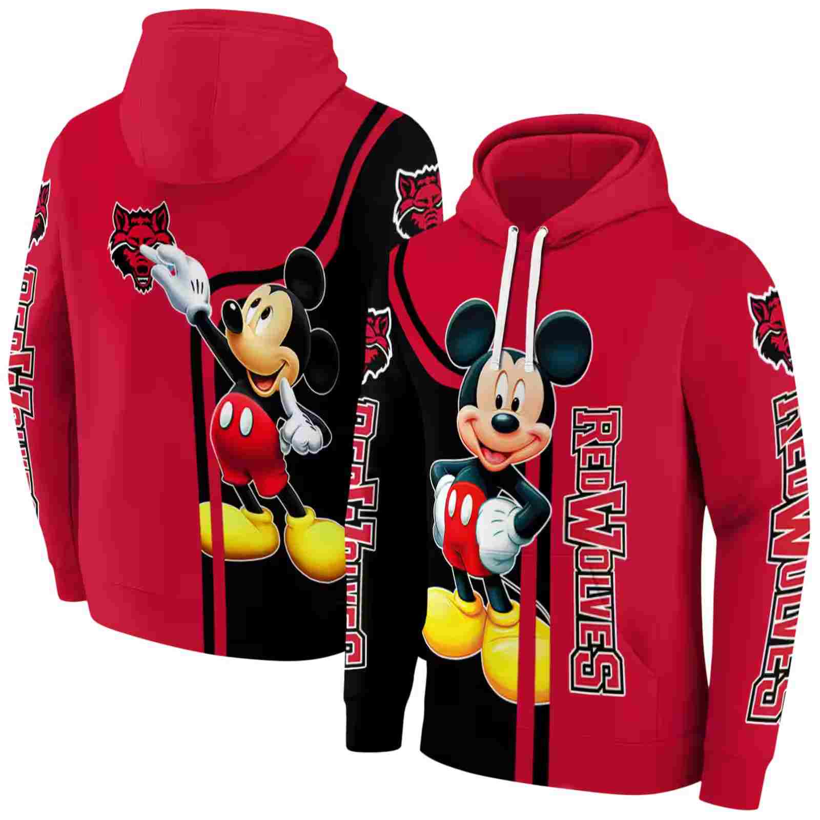 arkansas state red wolves mickey mouse scarlet black hoodie fashion forward