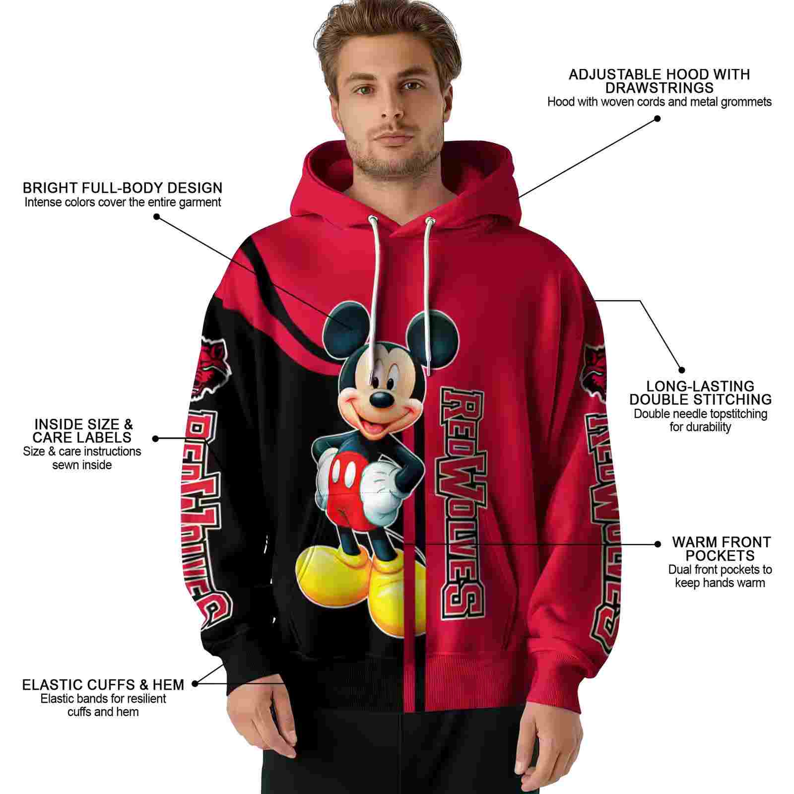 arkansas state red wolves mickey mouse scarlet black hoodie latest model