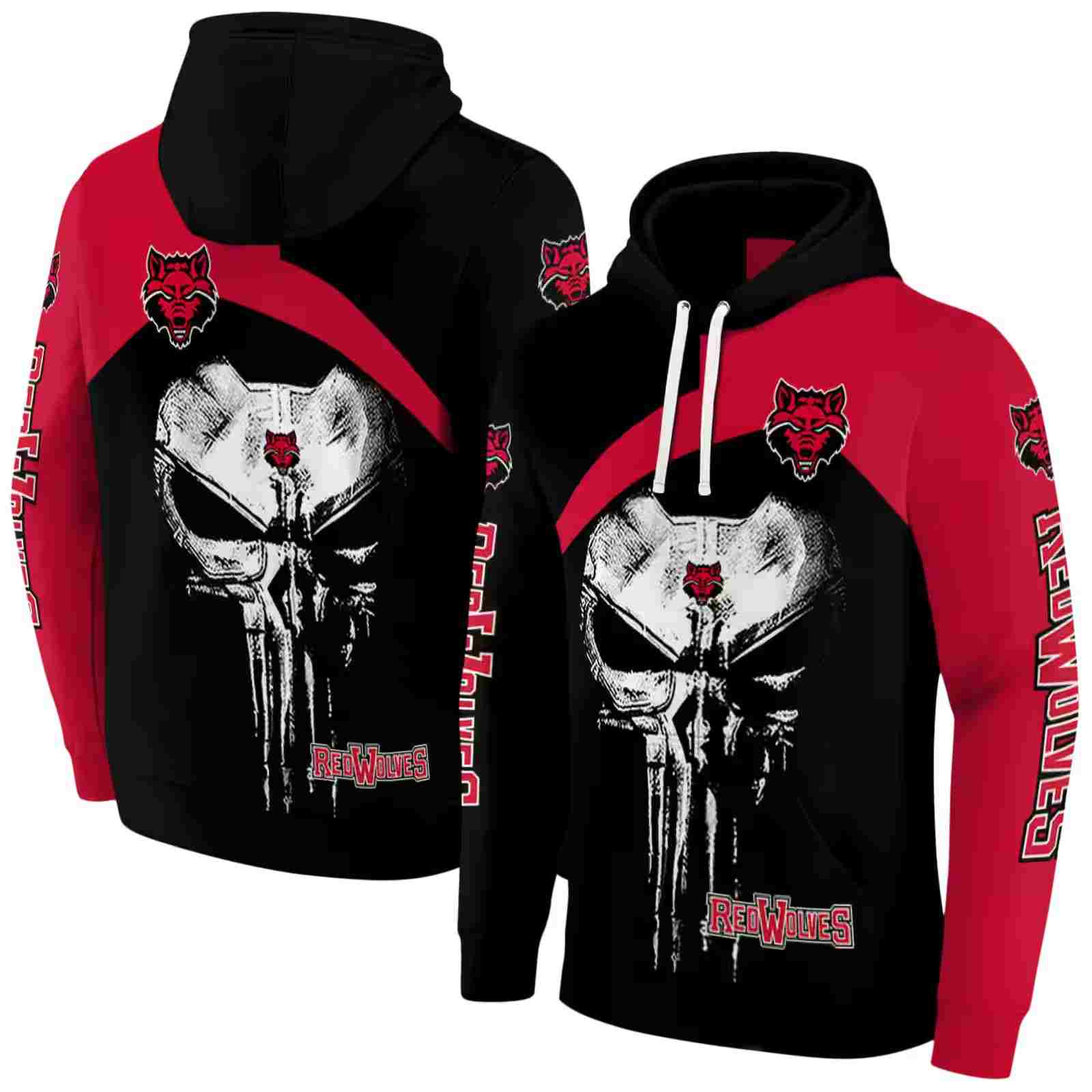 arkansas state red wolves skull punisher black hoodie fashion forward