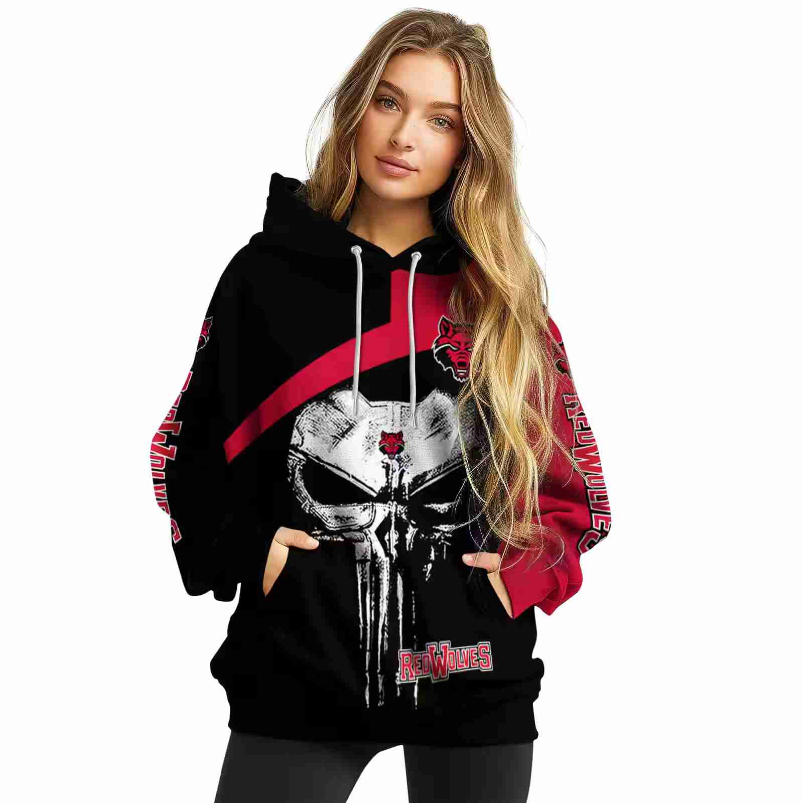 arkansas state red wolves skull punisher black hoodie high quality