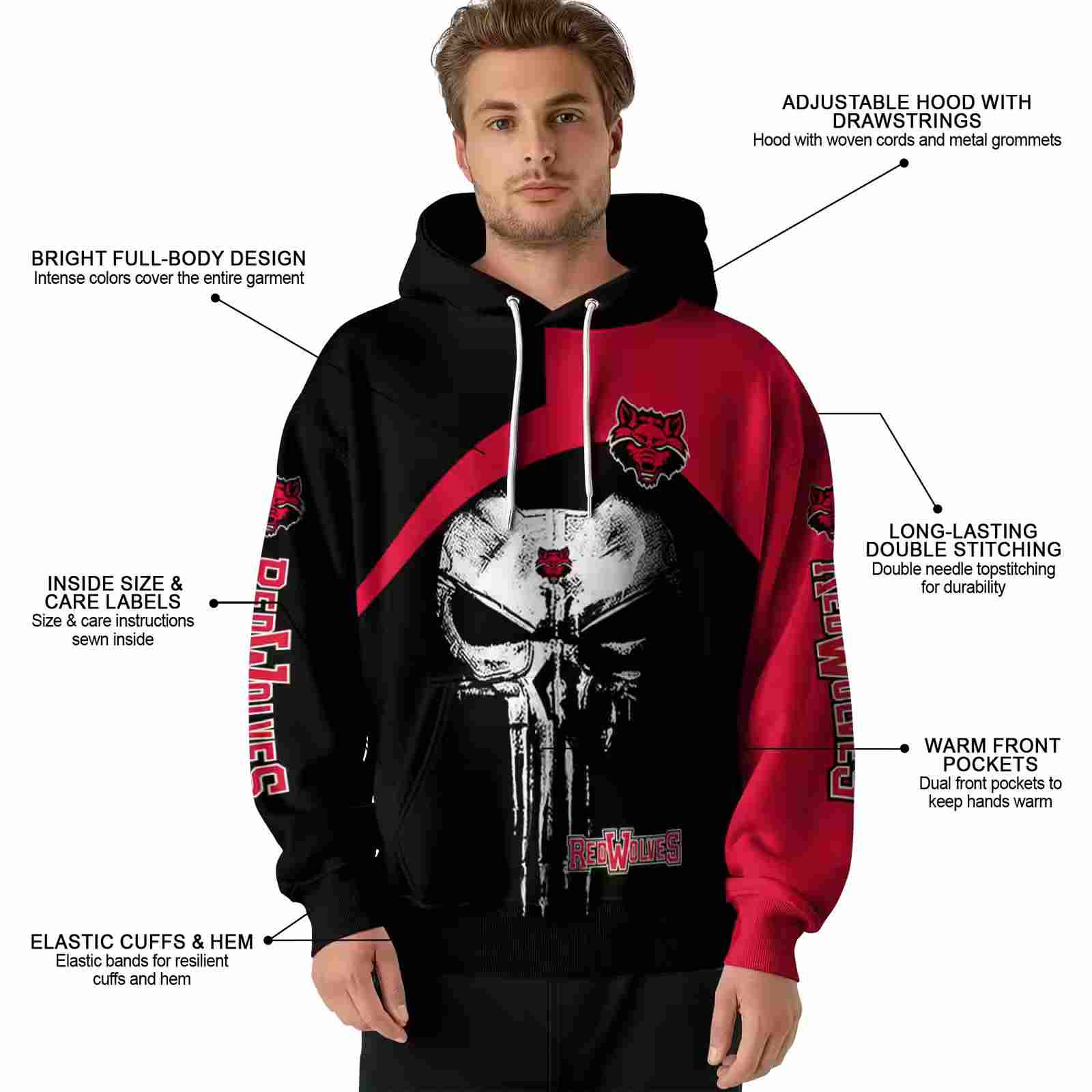 arkansas state red wolves skull punisher black hoodie latest model