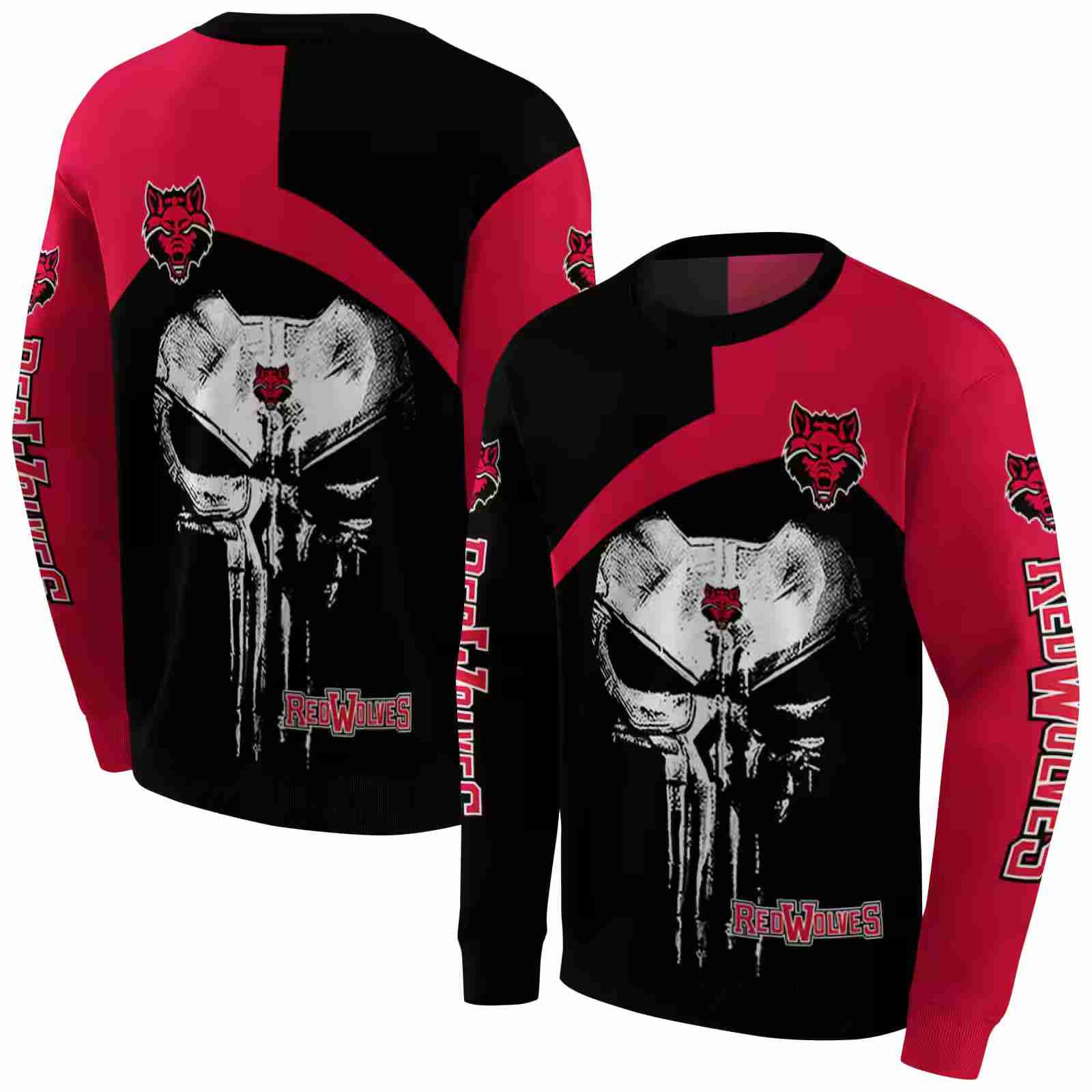 arkansas state red wolves skull punisher black hoodie premium grade