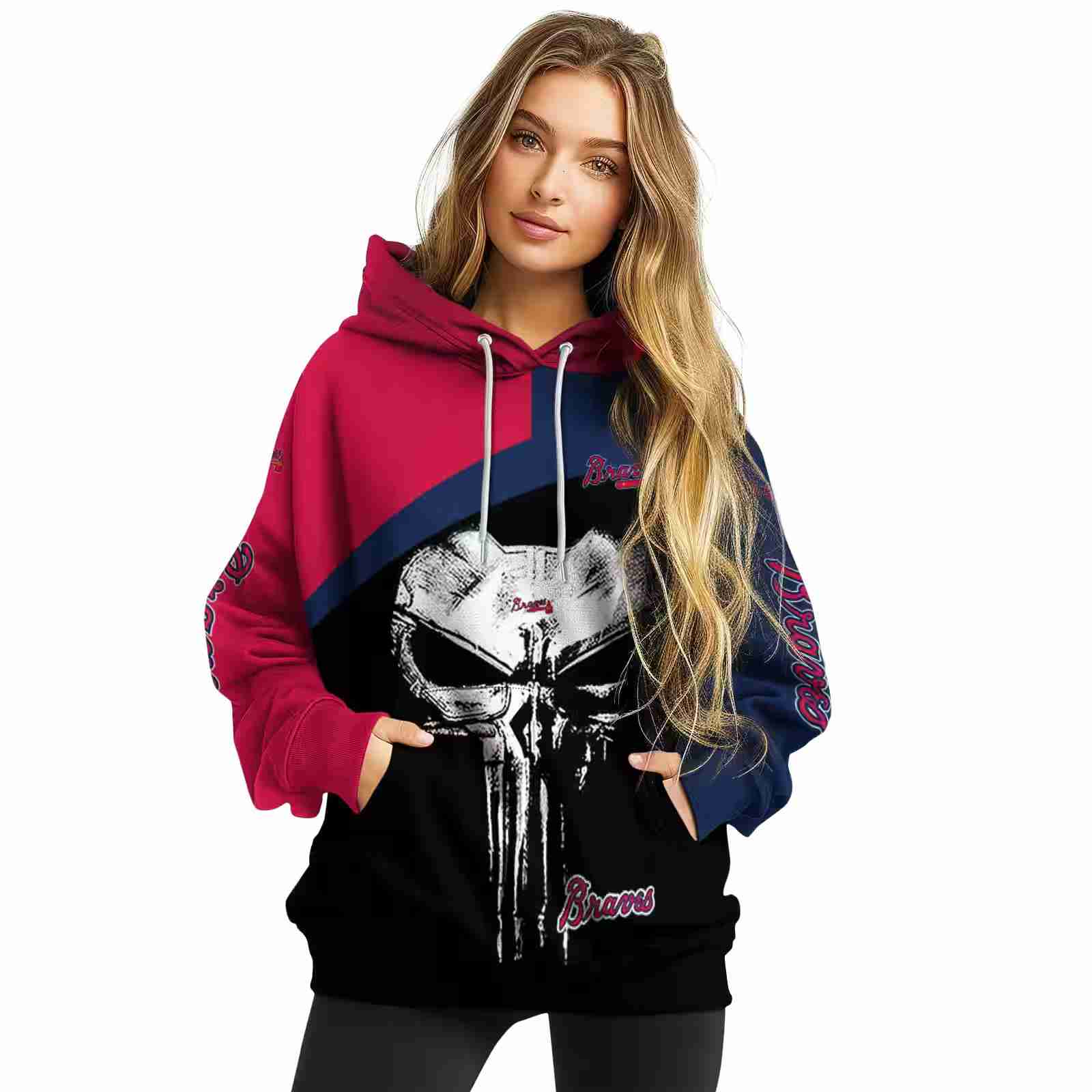 atlanta braves skull punisher red black hoodie high quality