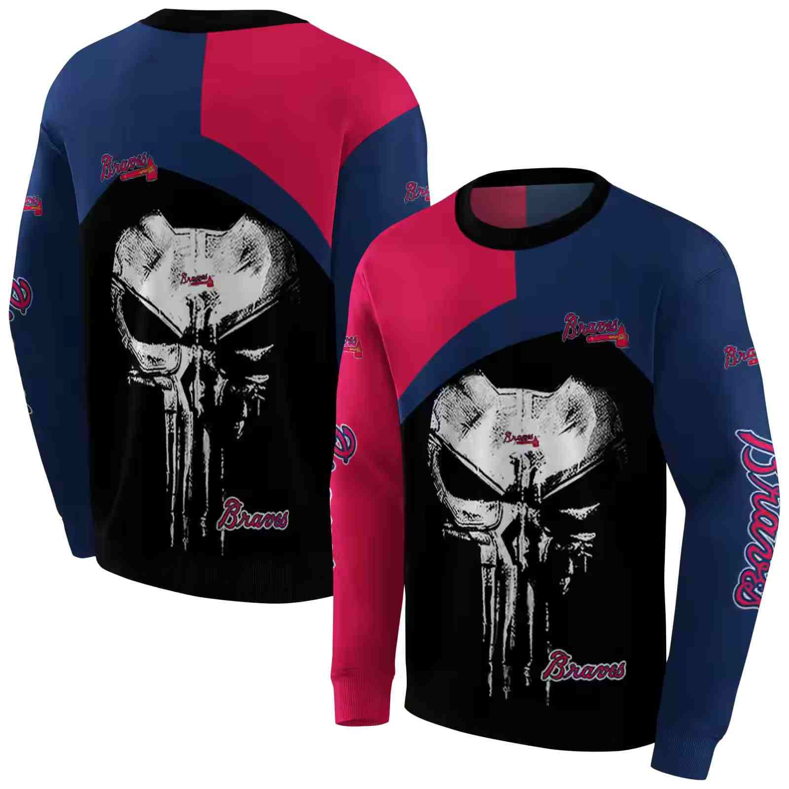 atlanta braves skull punisher red black hoodie premium grade