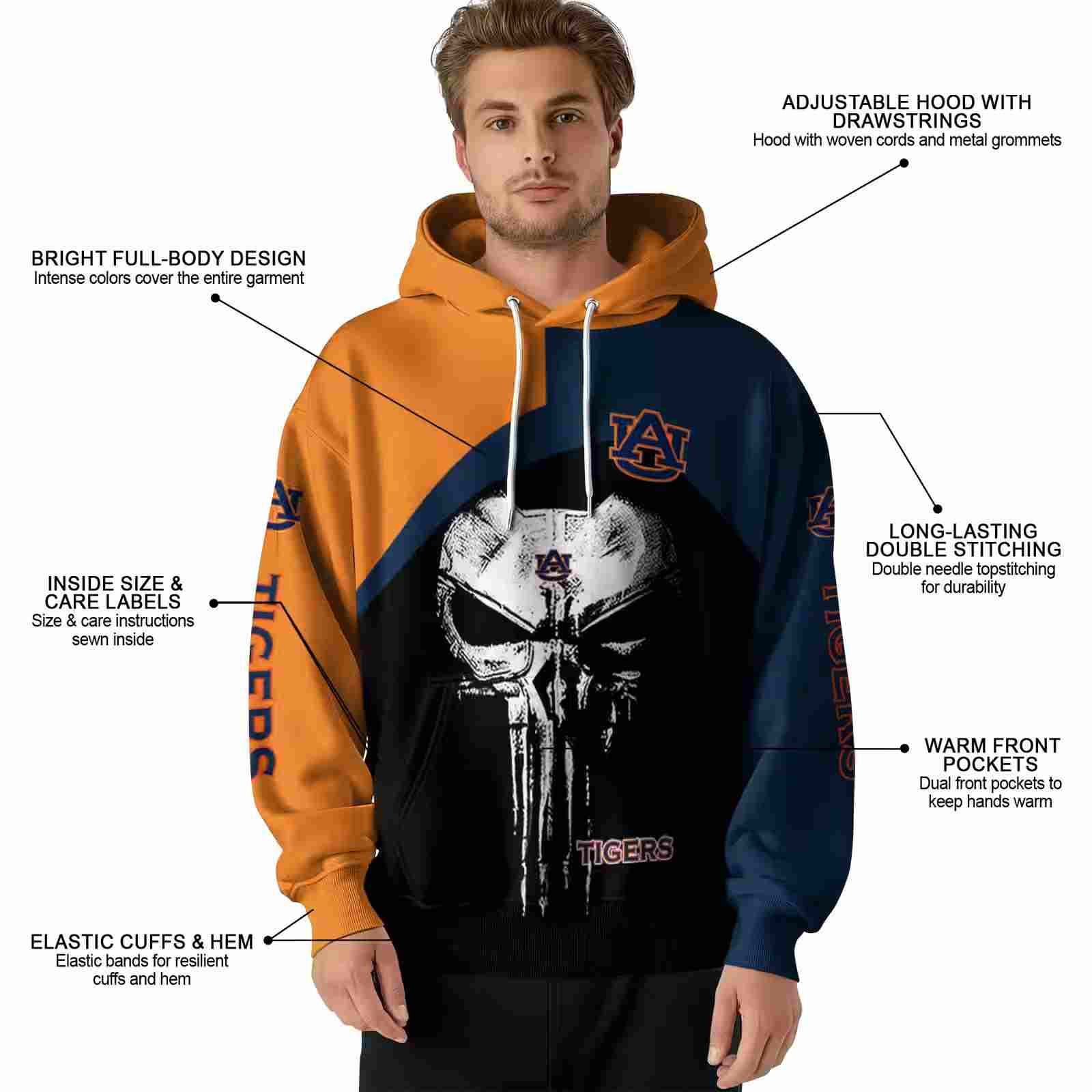 auburn tigers skull punisher orange black hoodie latest model