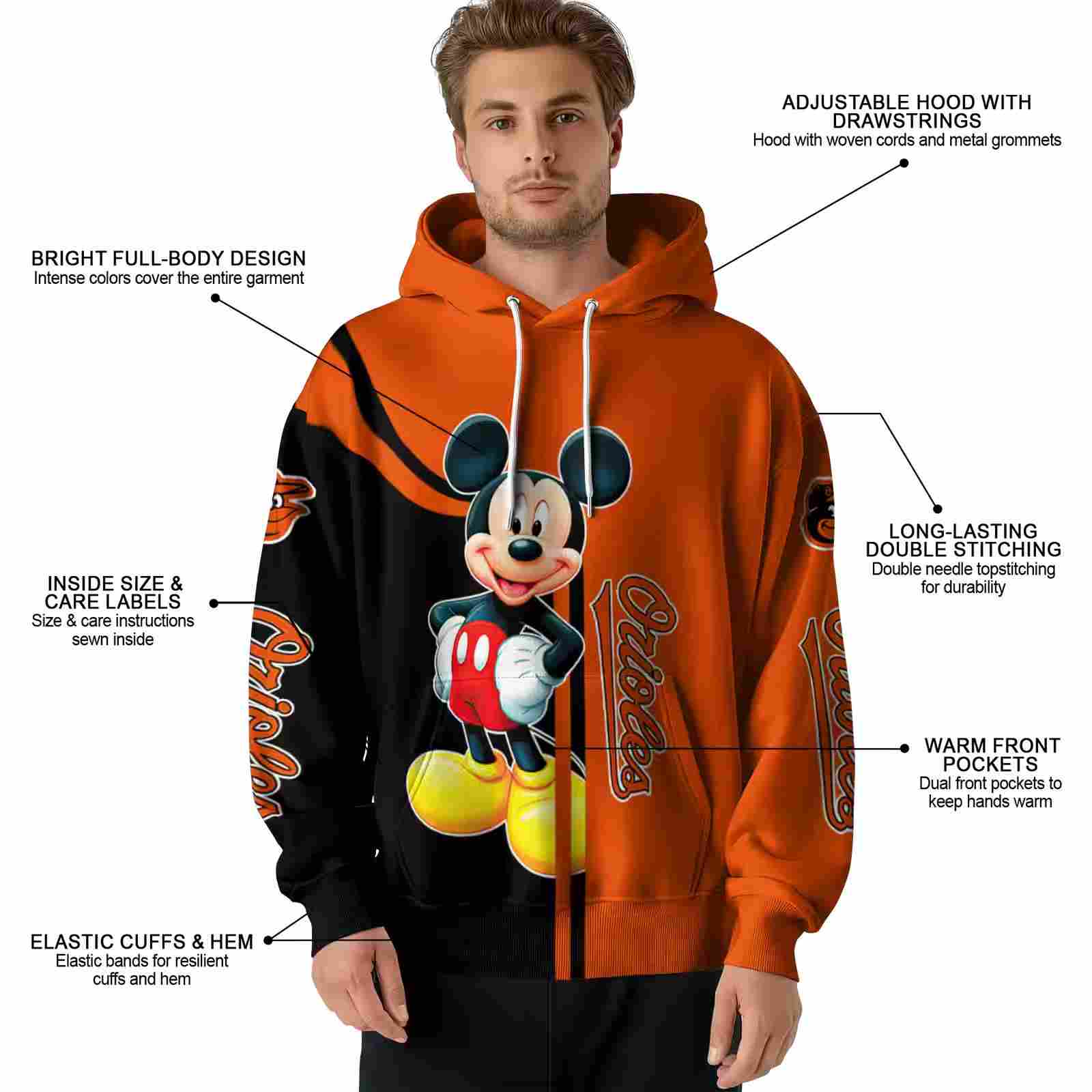 baltimore orioles mickey mouse orange black hoodie latest model