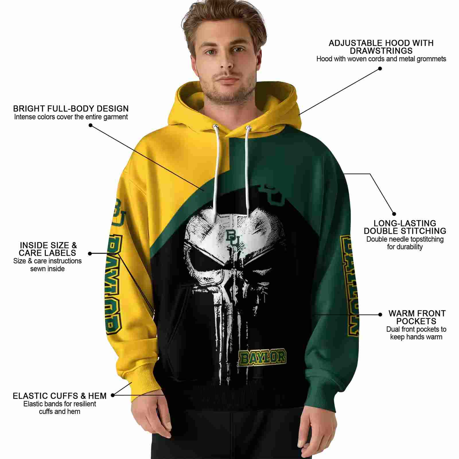 baylor bears skull punisher gold black hoodie latest model