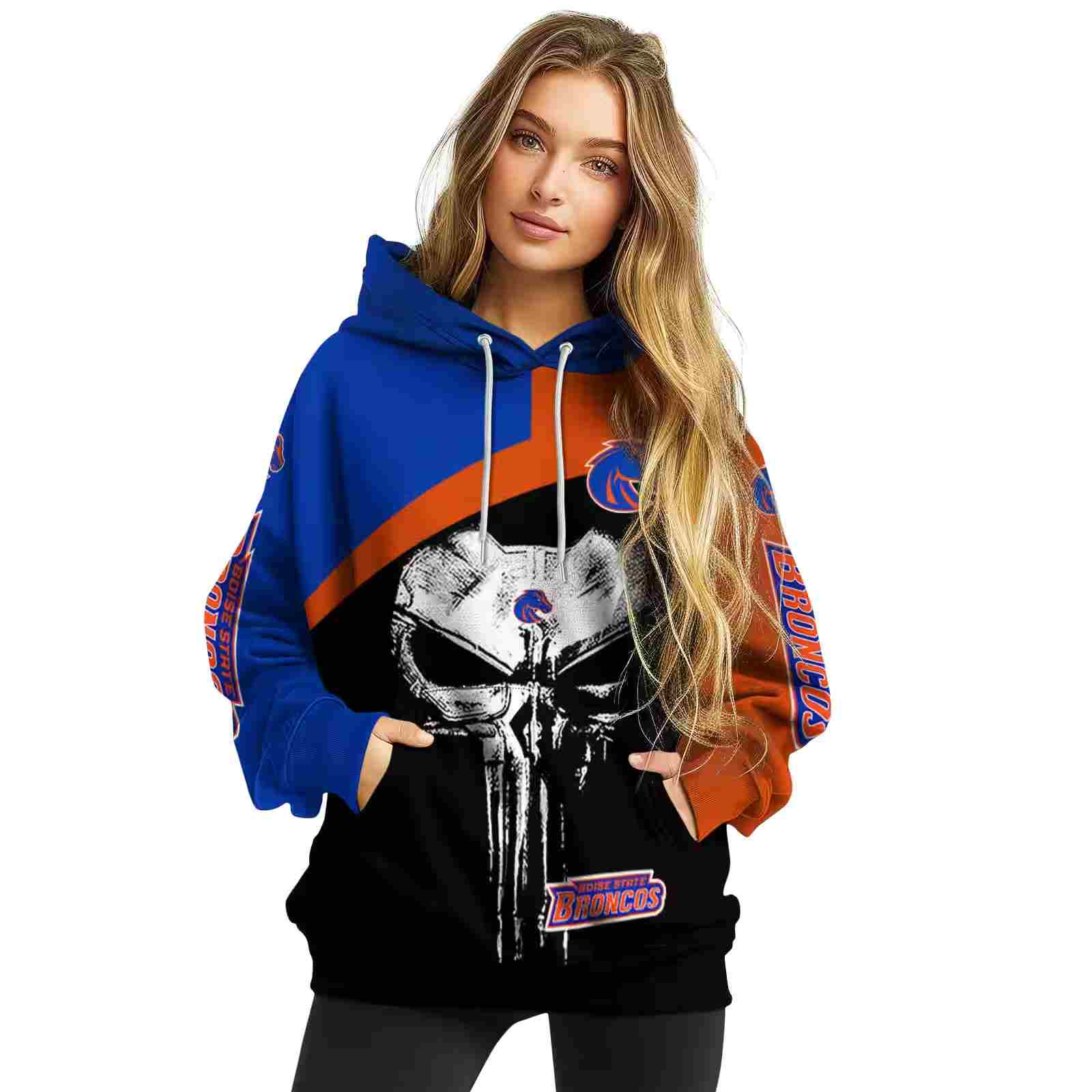 boise state broncos skull punisher blue black hoodie high quality
