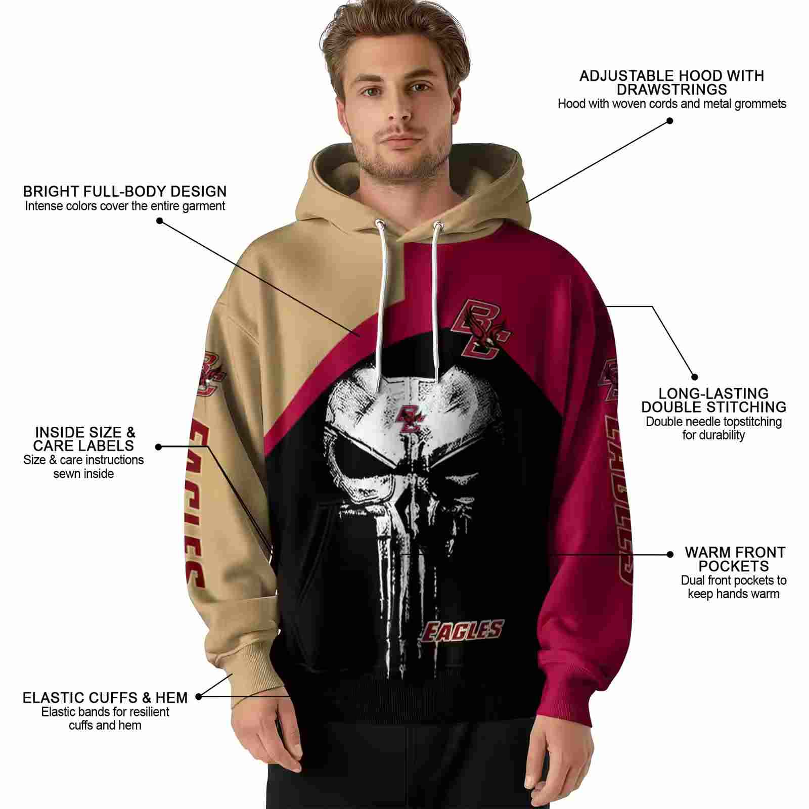 boston college eagles skull punisher gold black hoodie latest model