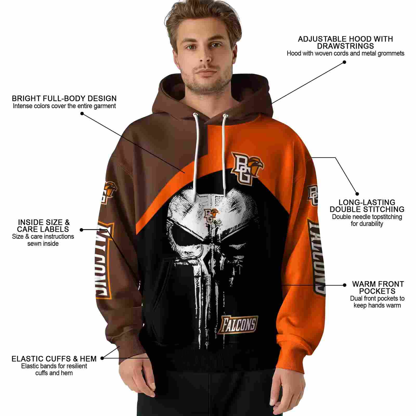 bowling green falcons skull punisher brown black hoodie latest model