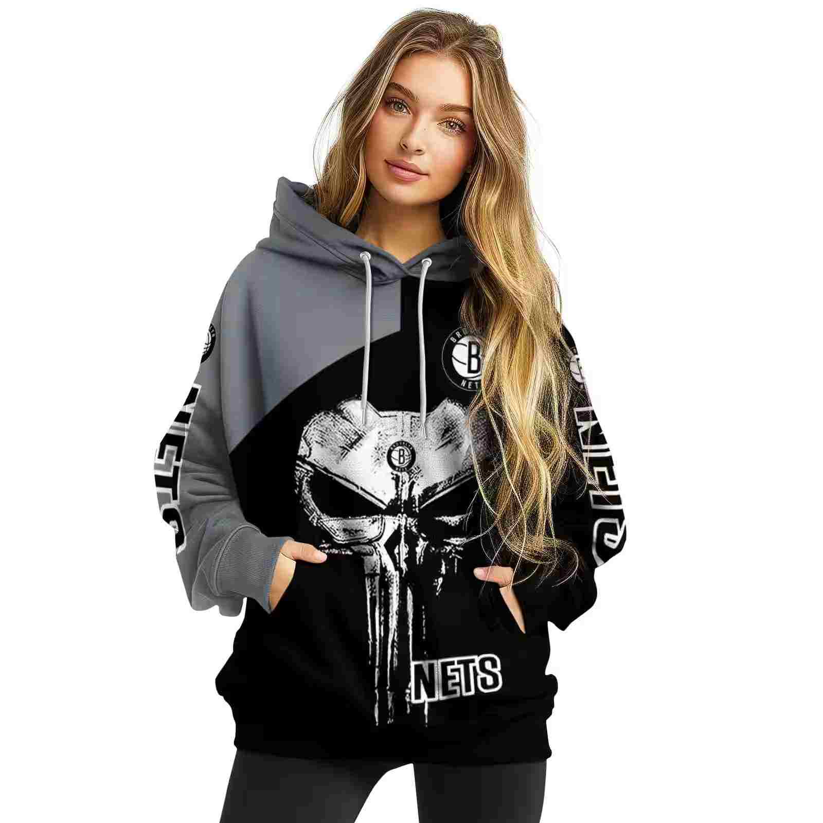 brooklyn nets skull punisher grey black hoodie high quality