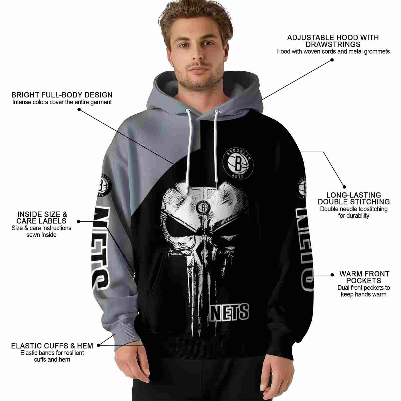 brooklyn nets skull punisher grey black hoodie latest model