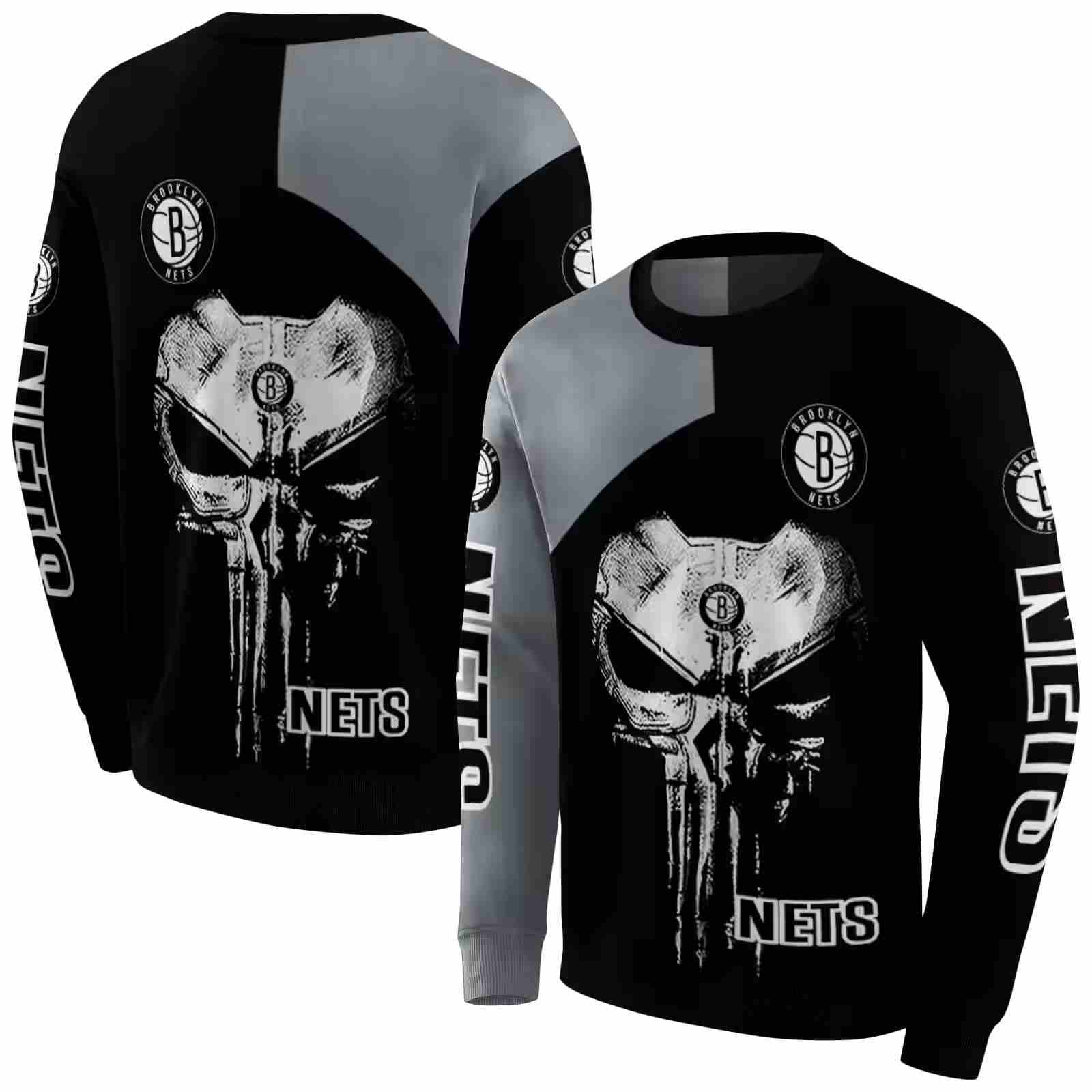 brooklyn nets skull punisher grey black hoodie premium grade