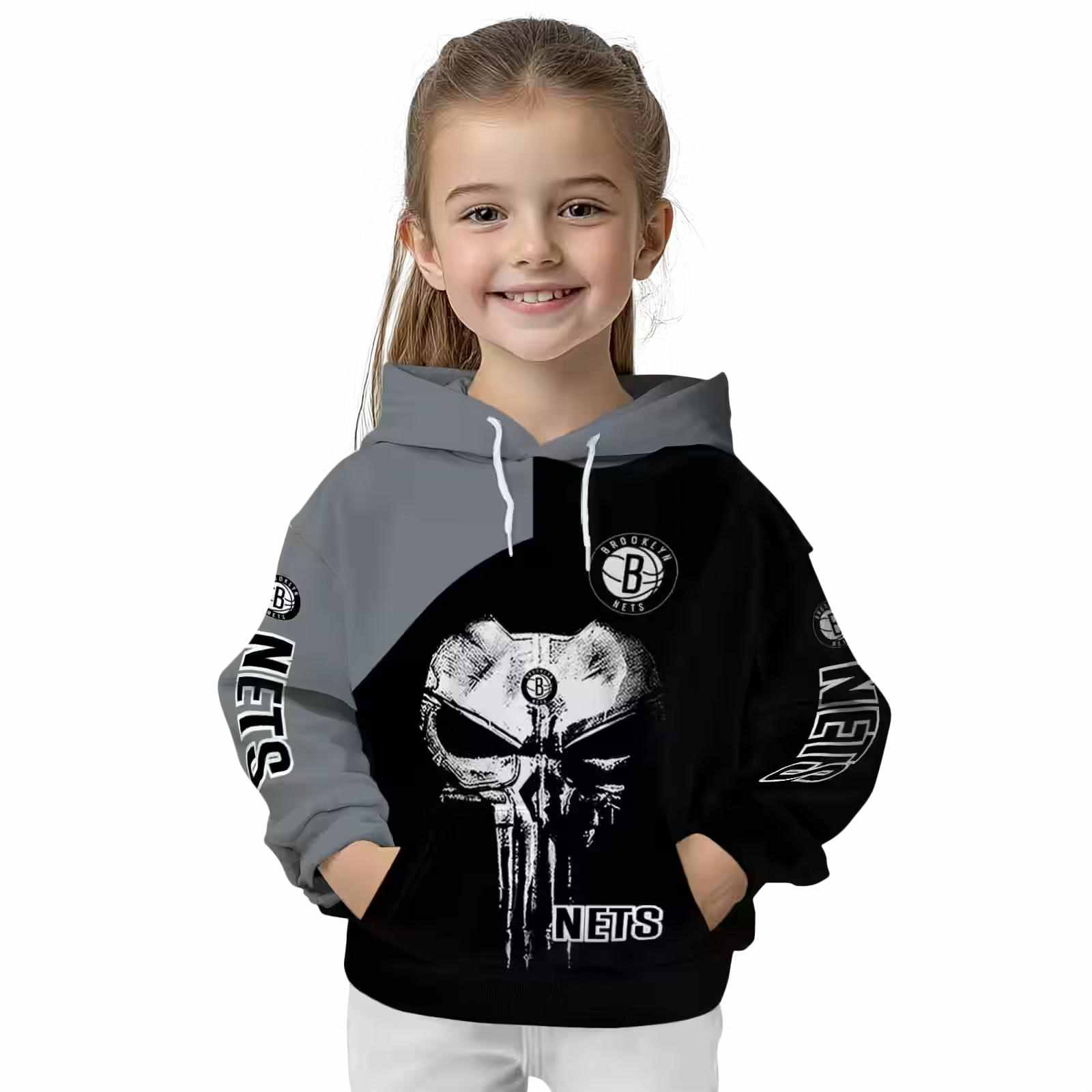 brooklyn nets skull punisher grey black hoodie top rated