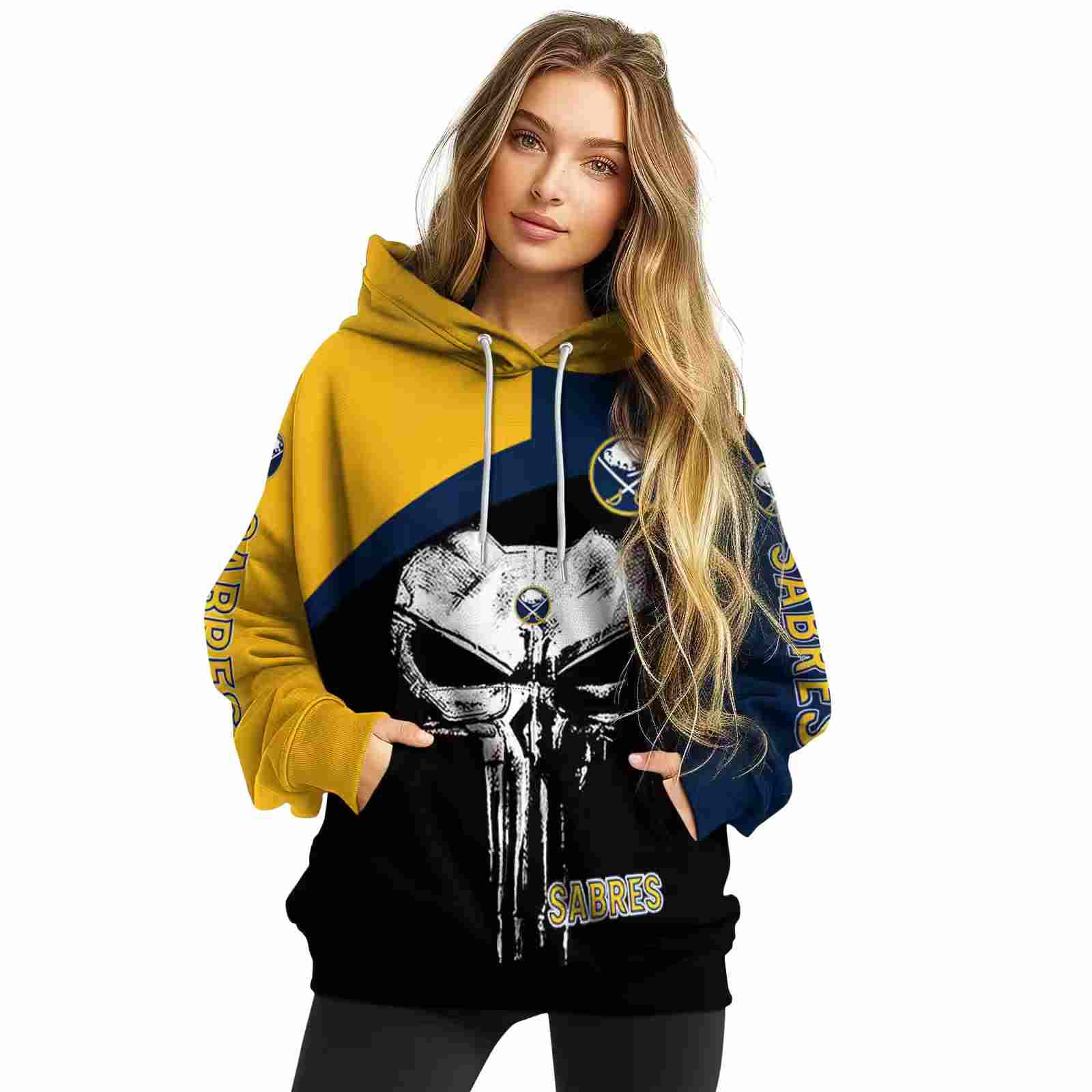 buffalo sabres skull punisher yellow black hoodie high quality
