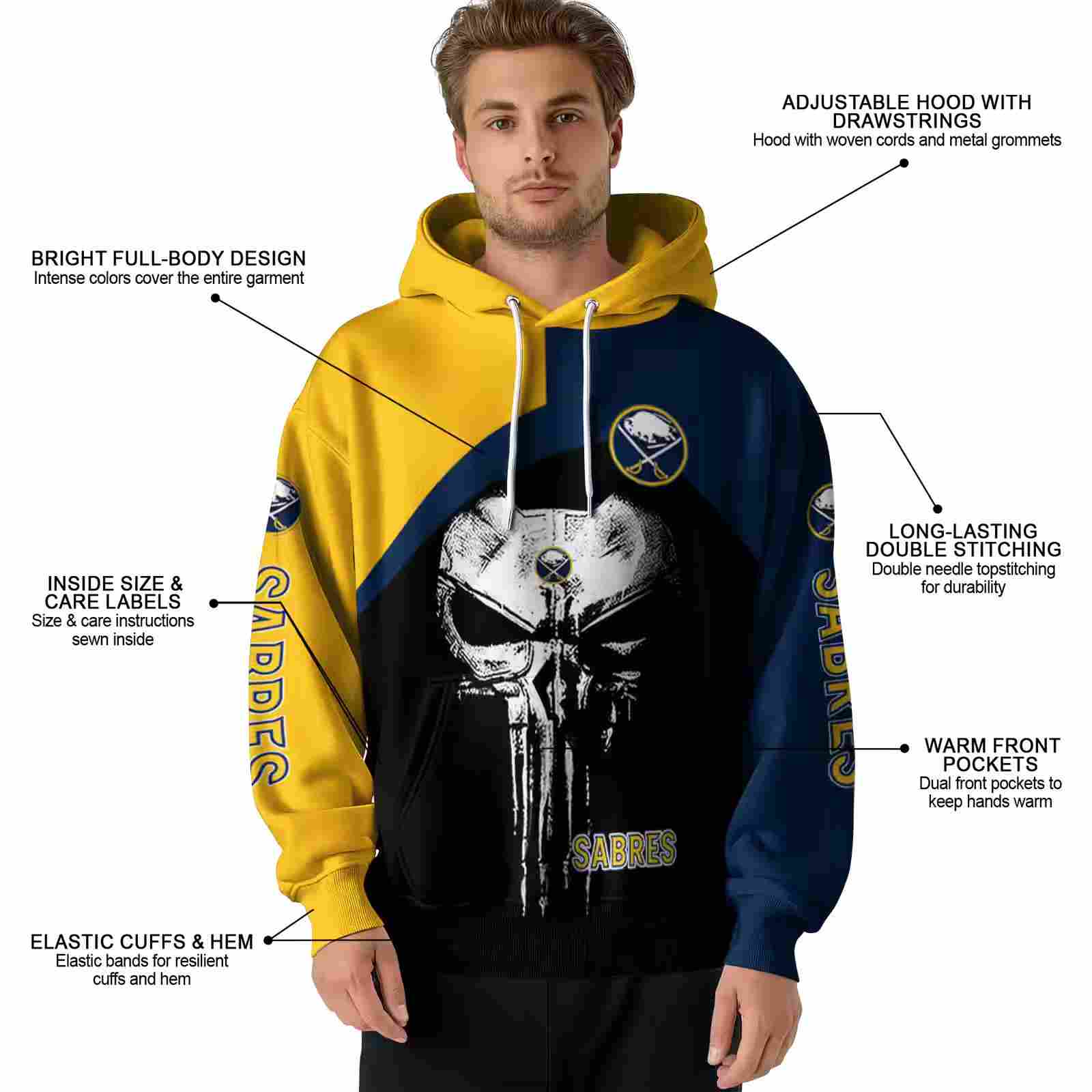 buffalo sabres skull punisher yellow black hoodie latest model