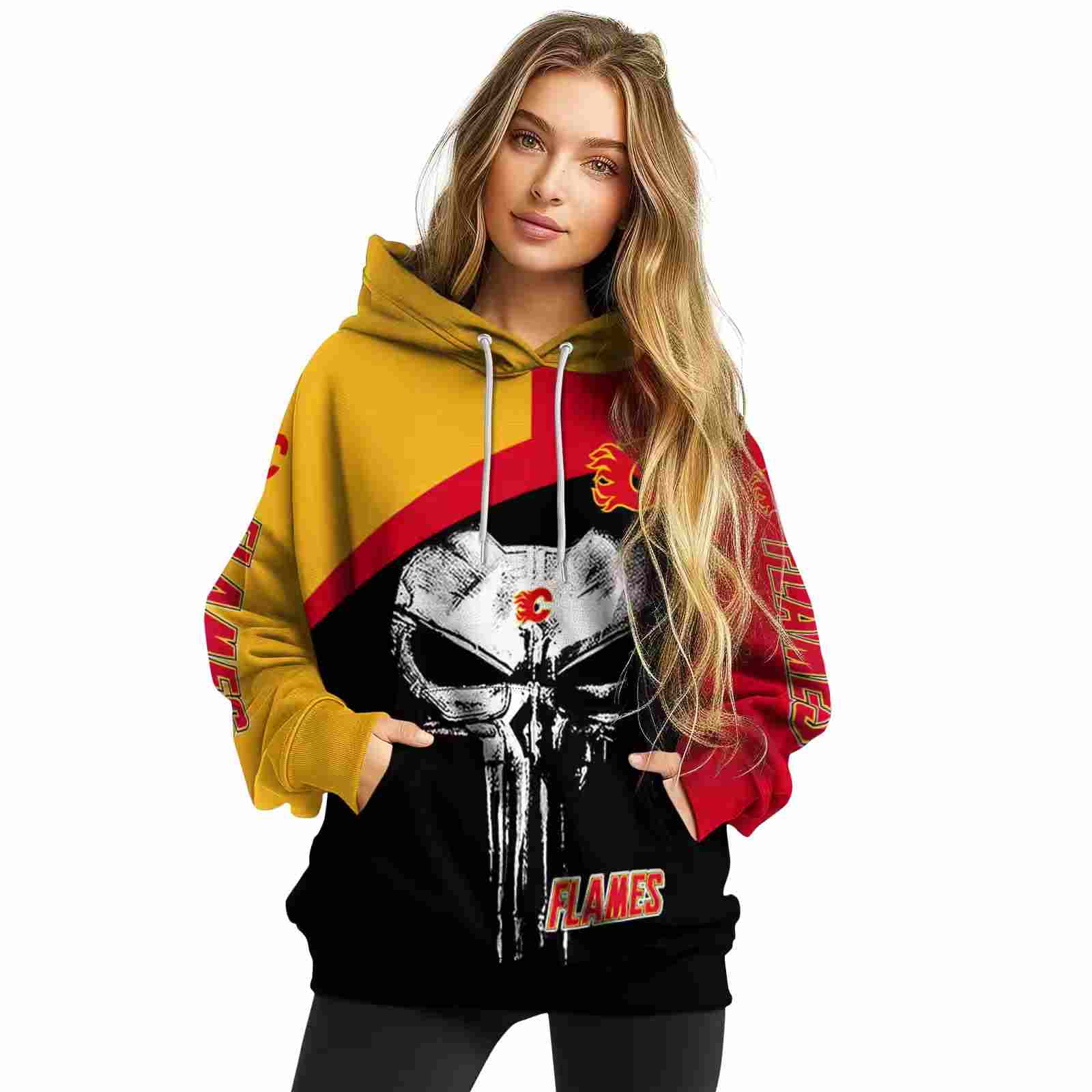 calgary flames skull punisher yellow black hoodie high quality