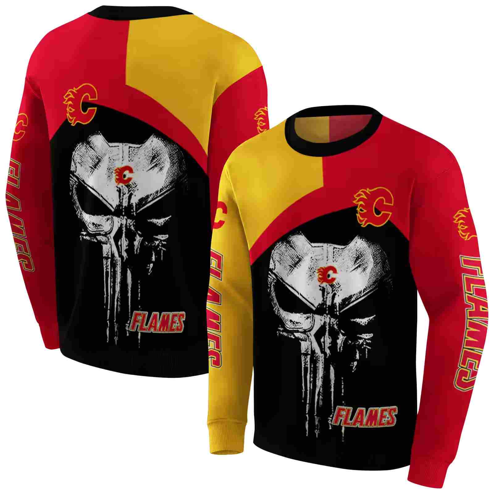 calgary flames skull punisher yellow black hoodie premium grade