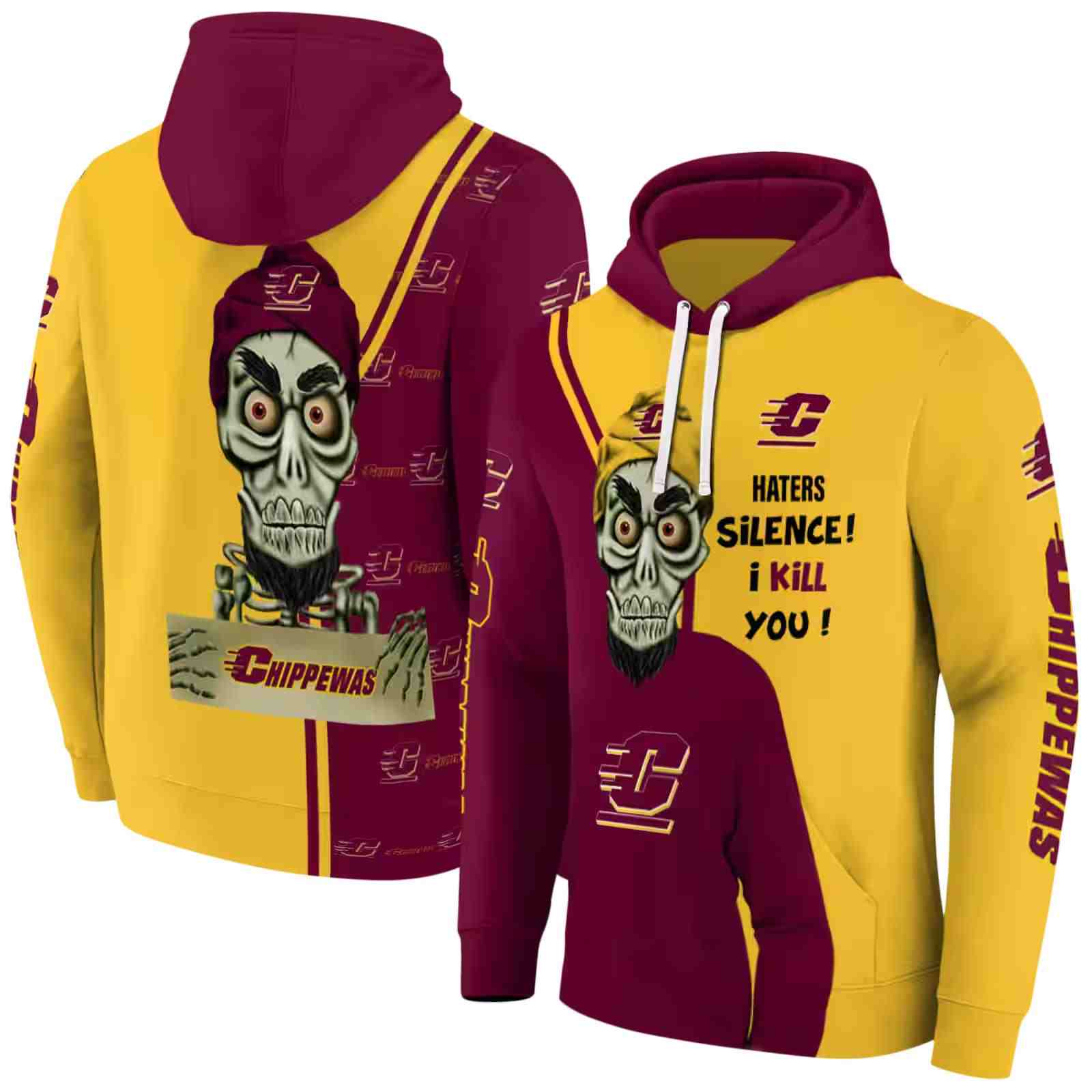 central michigan chippewas achmed skull maroon hoodie fashion forward