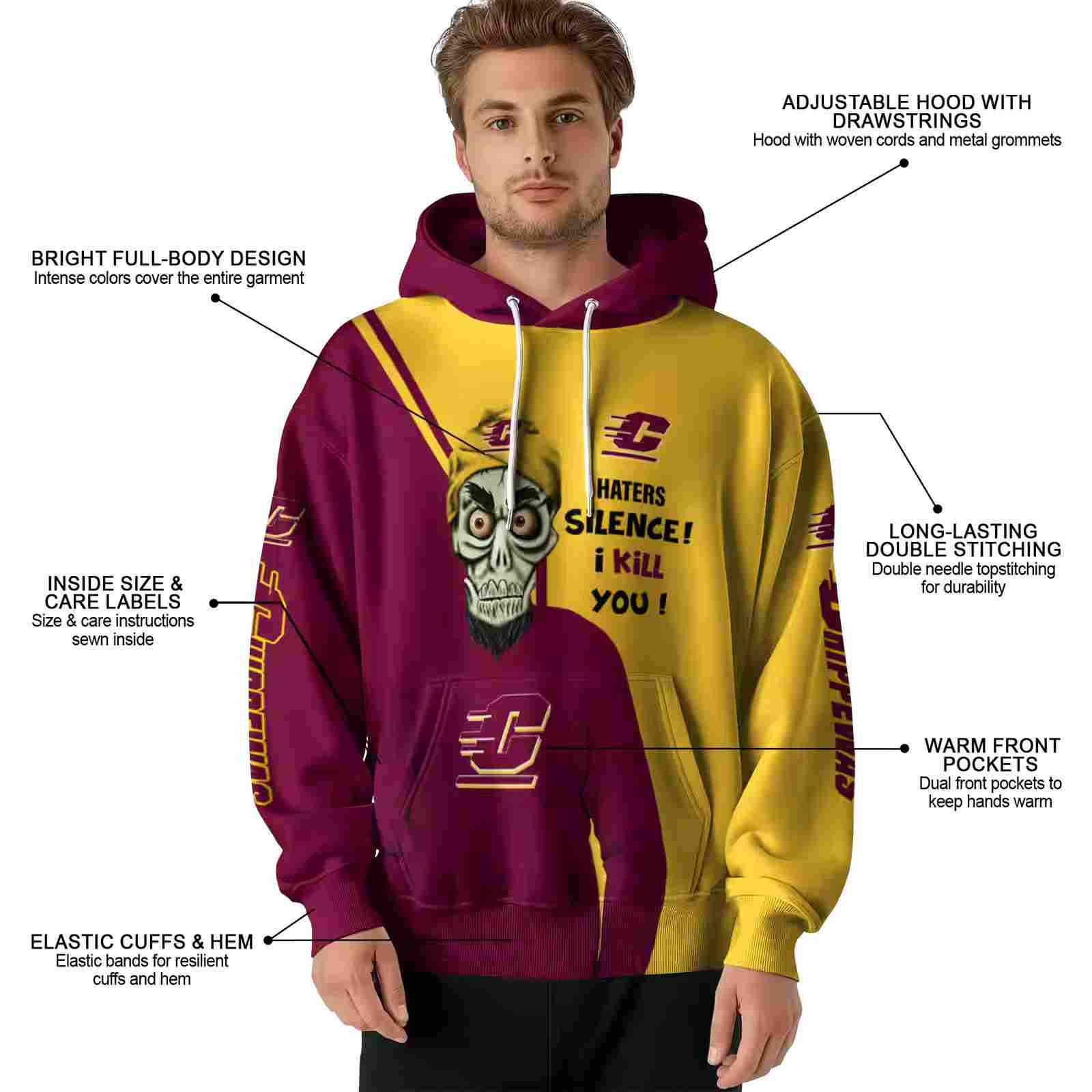 central michigan chippewas achmed skull maroon hoodie latest model