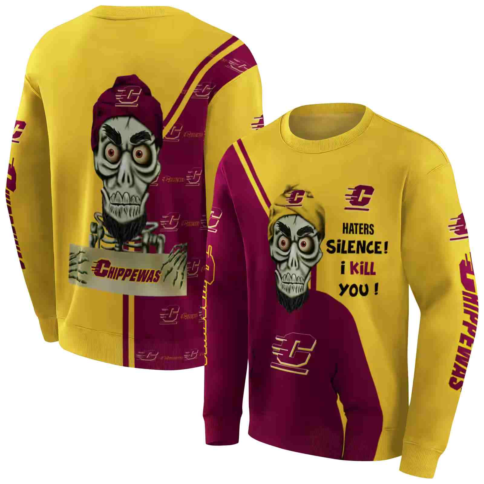 central michigan chippewas achmed skull maroon hoodie premium grade