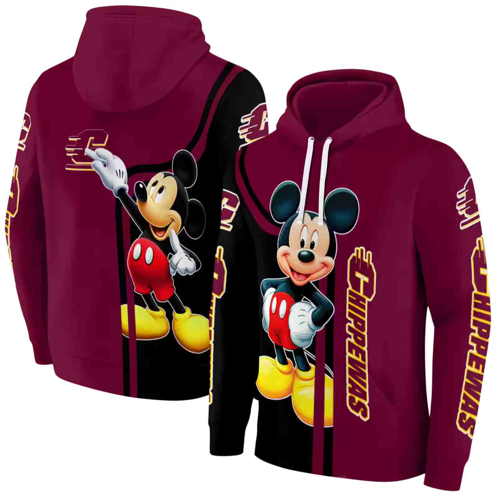 central michigan chippewas mickey mouse maroon black hoodie fashion forward