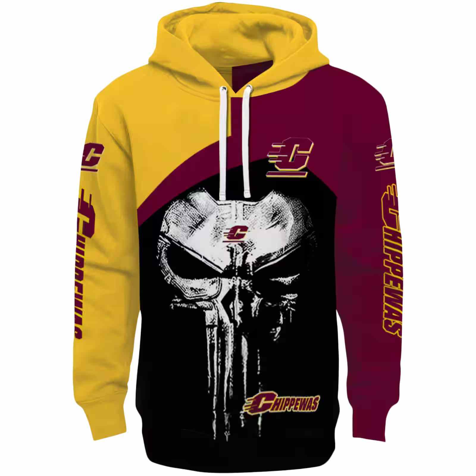 Central Michigan Chippewas Skull Punisher Gold Black Hoodie