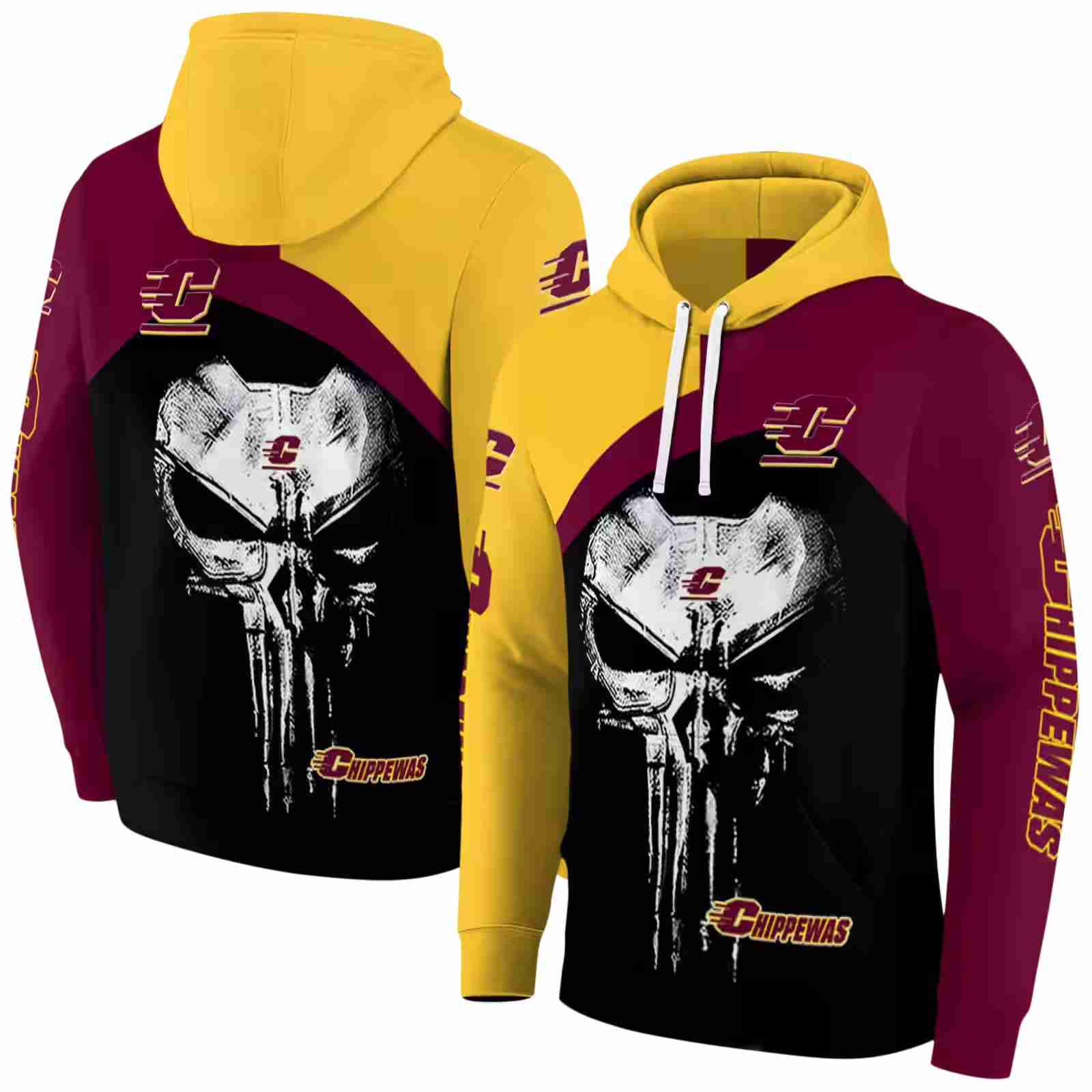 central michigan chippewas skull punisher gold black hoodie fashion forward