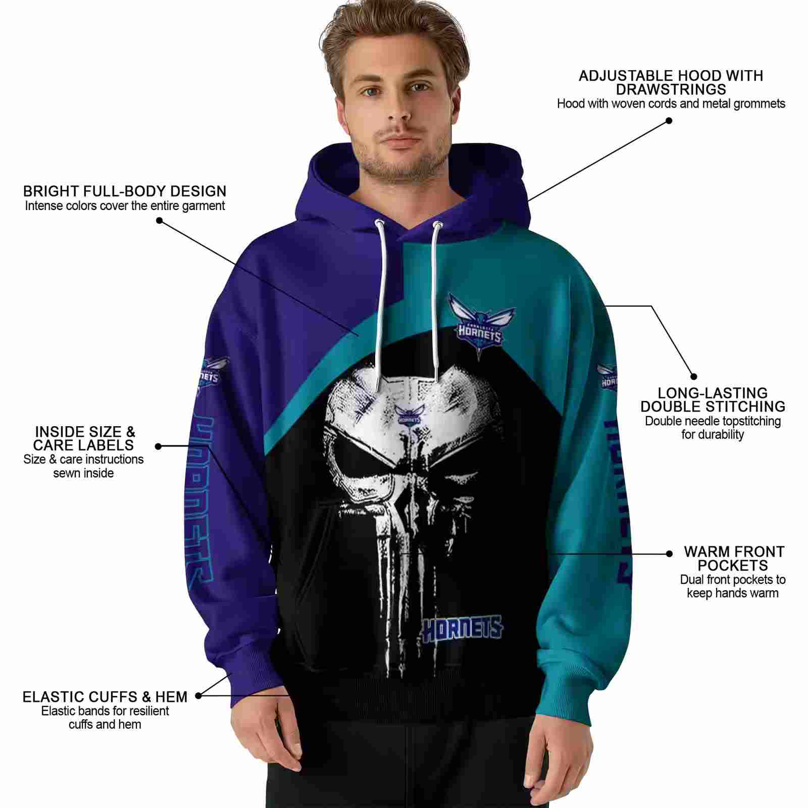 charlotte hornets skull punisher purple black hoodie latest model