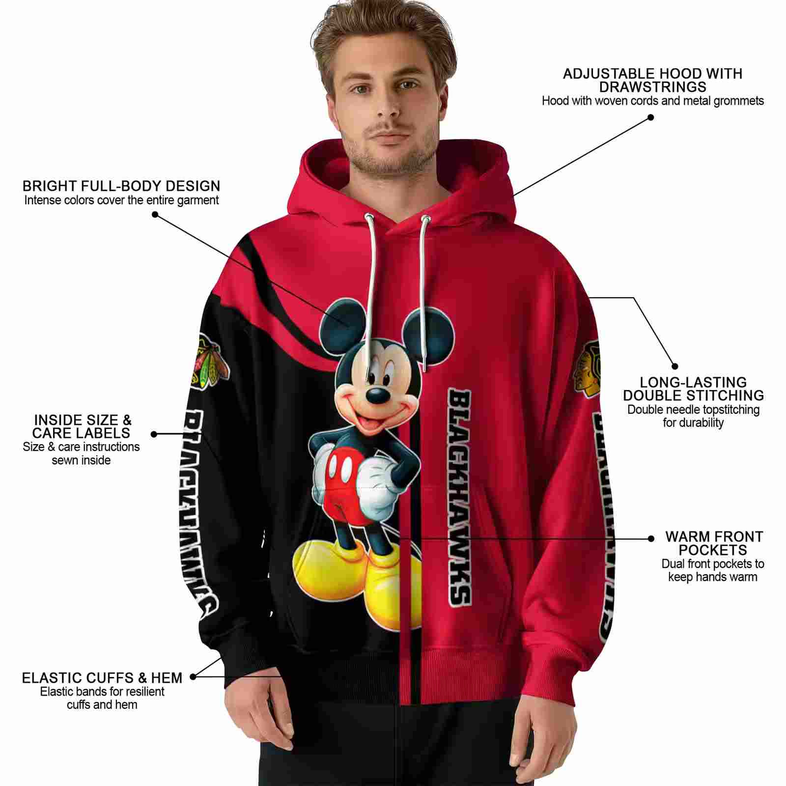 chicago blackhawks mickey mouse red black hoodie latest model