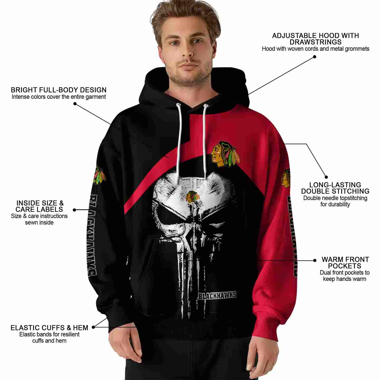 chicago blackhawks skull punisher black hoodie latest model