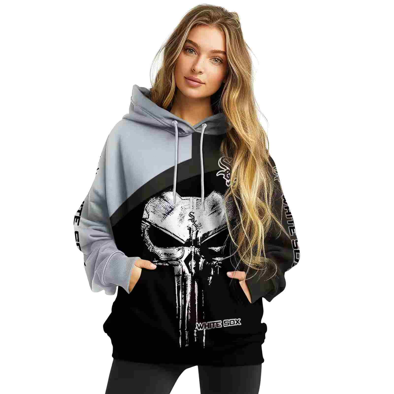 chicago white sox skull punisher silver black hoodie high quality