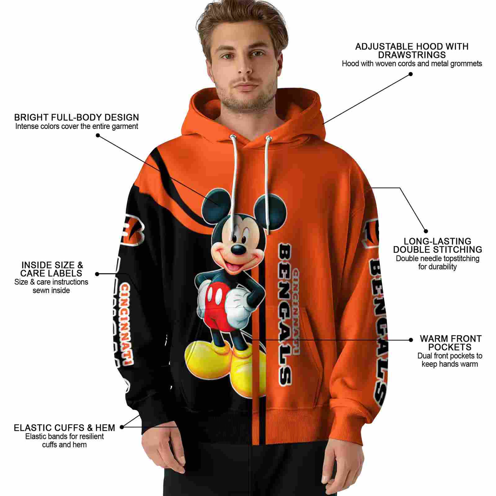 cincinnati bengals mickey mouse orange black hoodie latest model