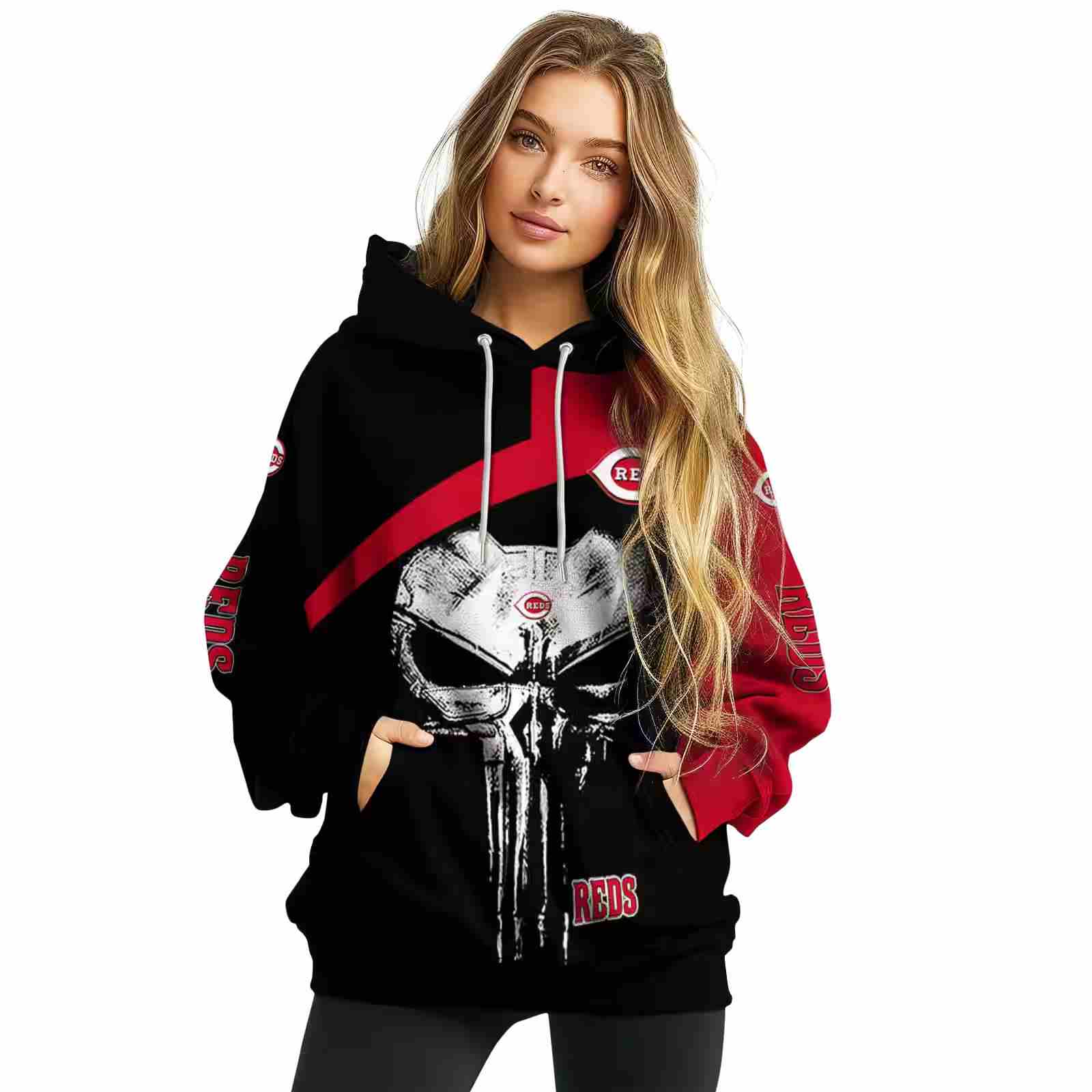 cincinnati reds skull punisher black hoodie high quality