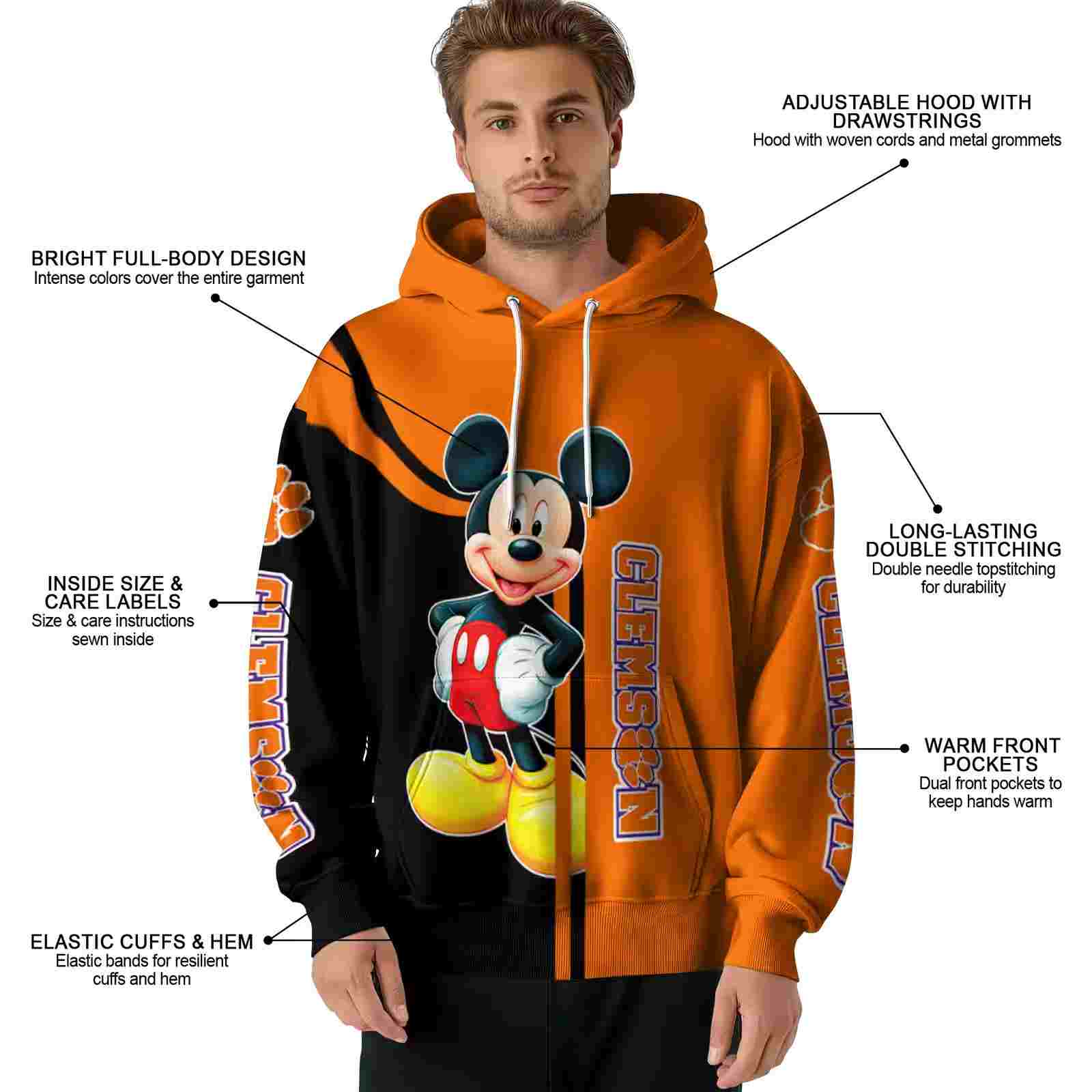 clemson tigers mickey mouse orange black hoodie latest model